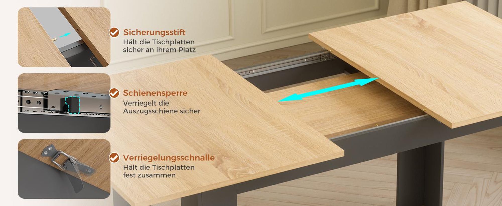 Mondeer Ausziehbarer Esstisch 120-160cm für 4-6 Personen, Stabiler Küchentisch, Vielseitig für Essen, Arbeiten & Freizeit Schwarz & Eiche