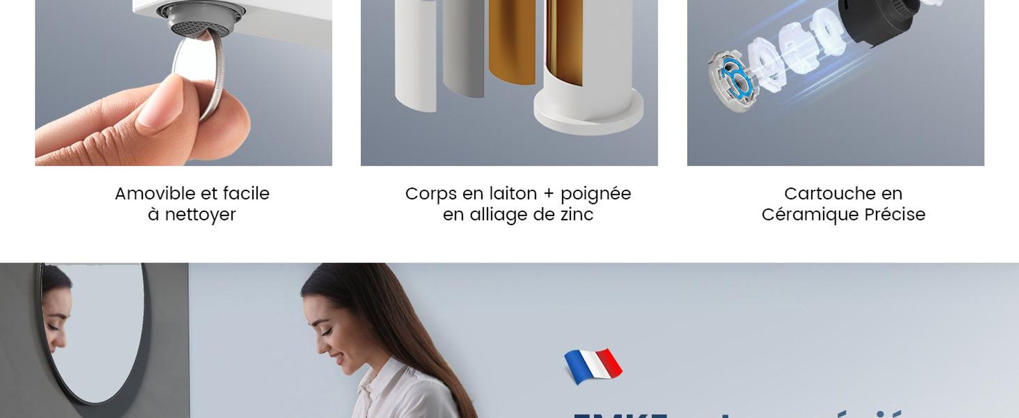 EMKE Robinet salle de bain blanc mat 335x233x46mm, laiton, cartouche céramique, robinet salle de bain, mitigeur lavabo, mitigeur lavabo