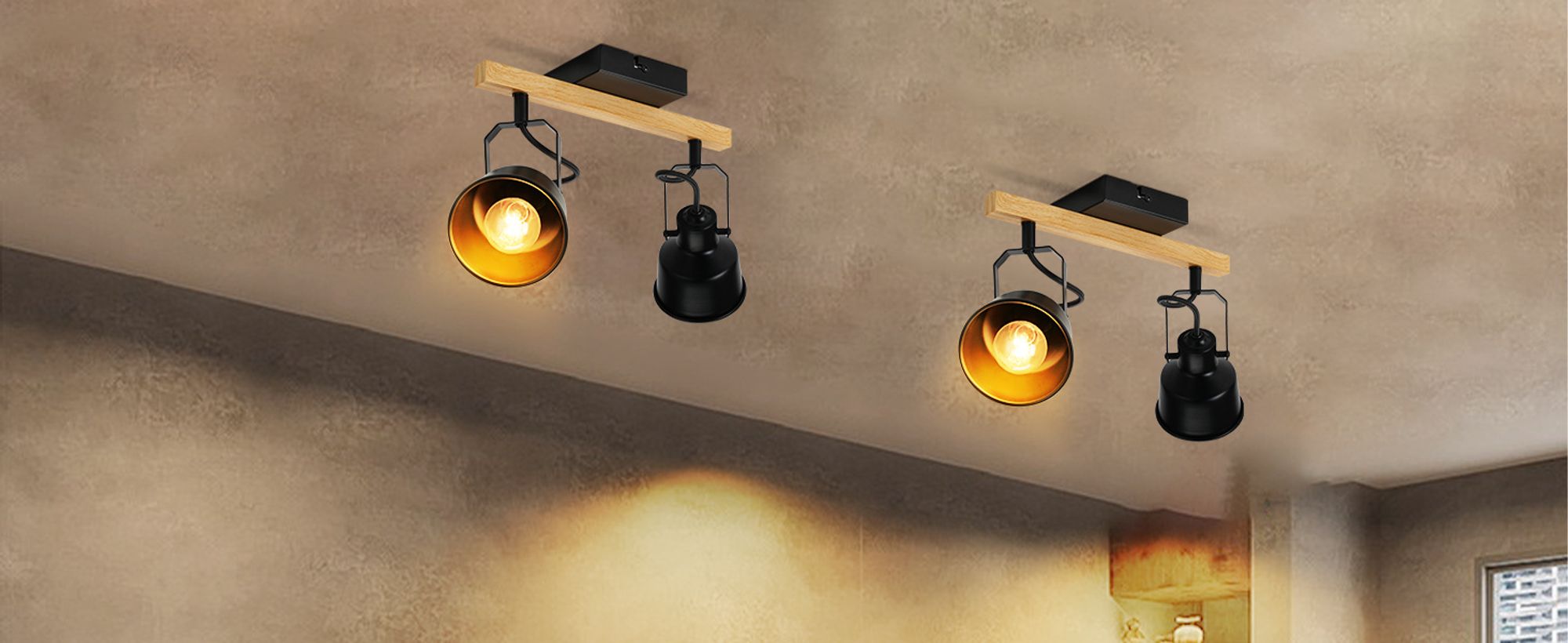 ZMH Deckenstrahler 2 Flammig Schwarz Deckenlampe Vintage Schwenkbar 350° MAX.25W E14 Fassung Industrial Holzmaserung Spotbalken für Wohnzimmer Schlafzimmer Büro (ohne Leuchtmittel)
