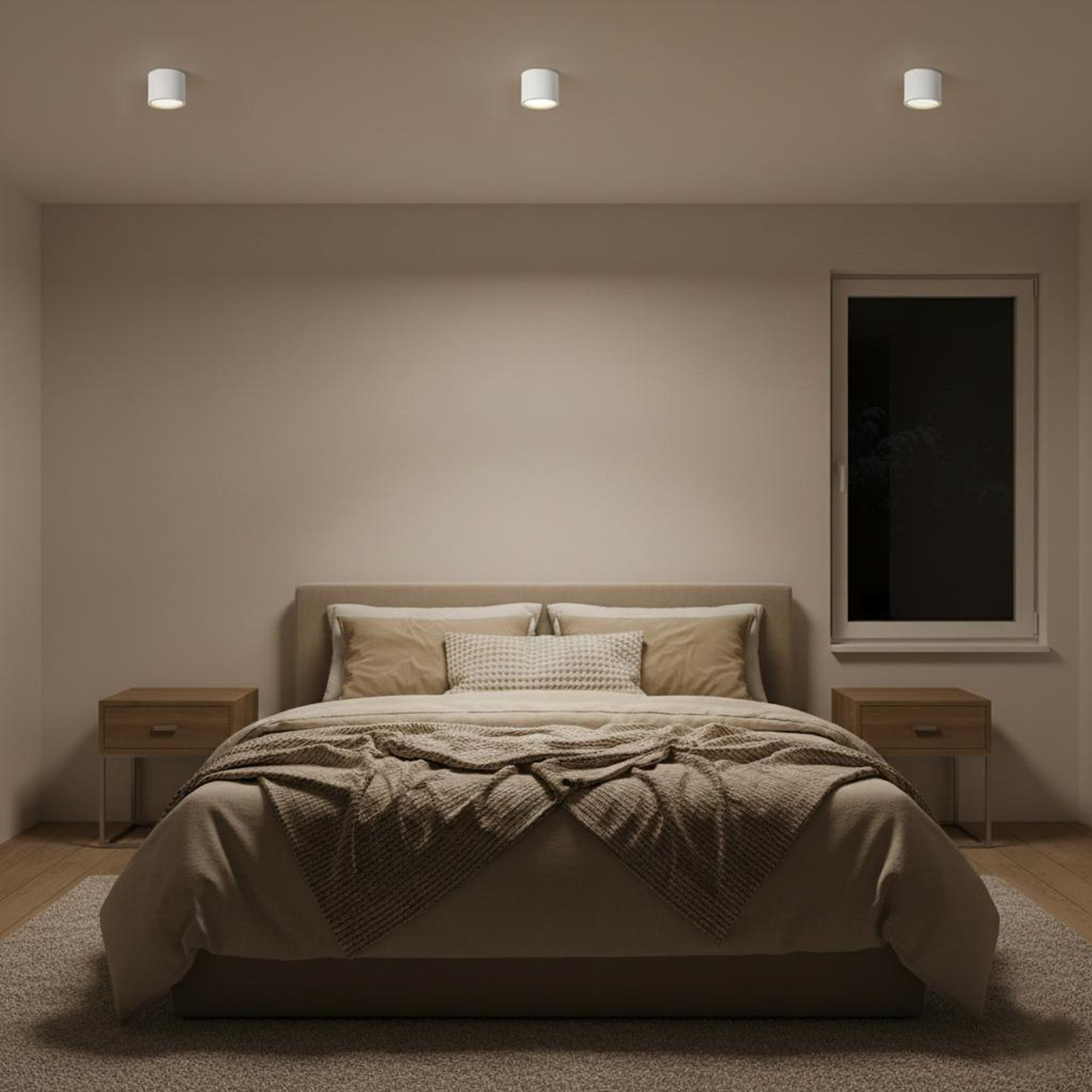 Deckenstrahler in einem minimalistischen Schlafzimmer.
