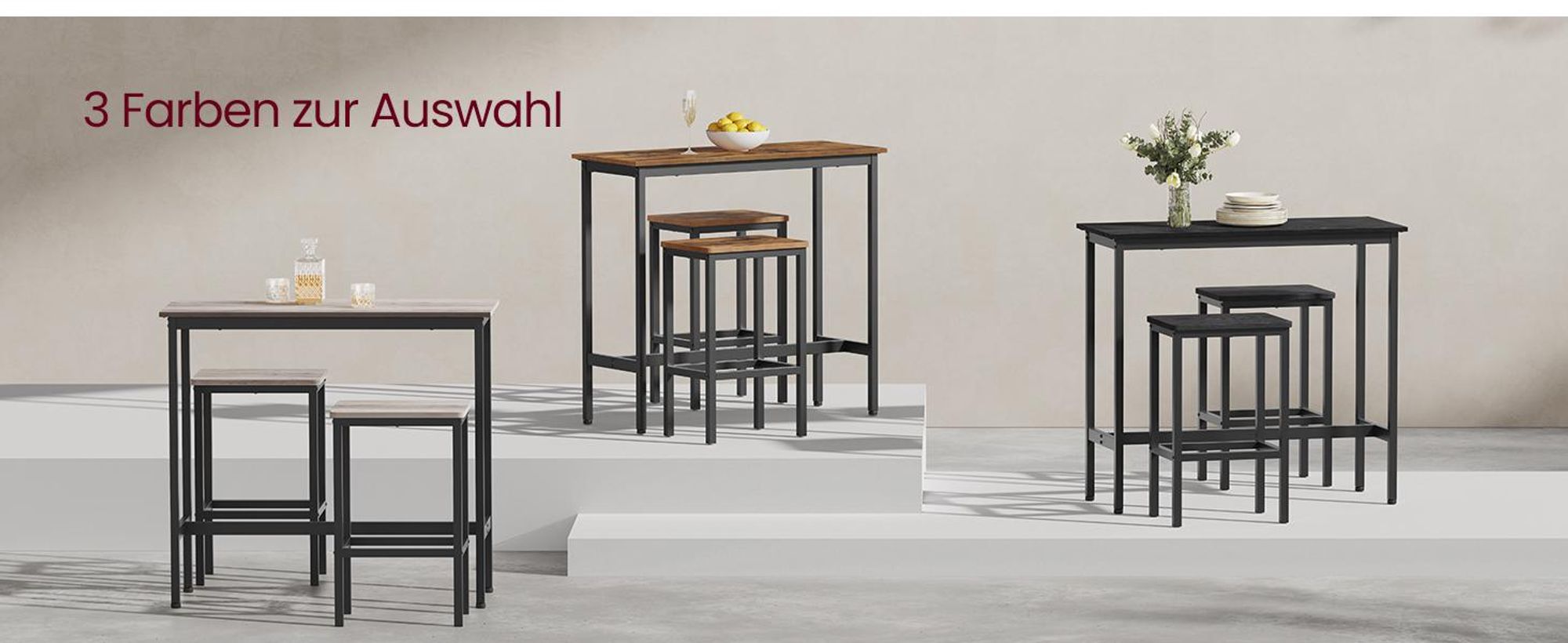 Bartisch mit Barhocker Set, Essgruppe, Stehtisch mit 2 Stühlen, Stahlgestell, Industrie-Design, ebenholzschwarz-tintenschwarz