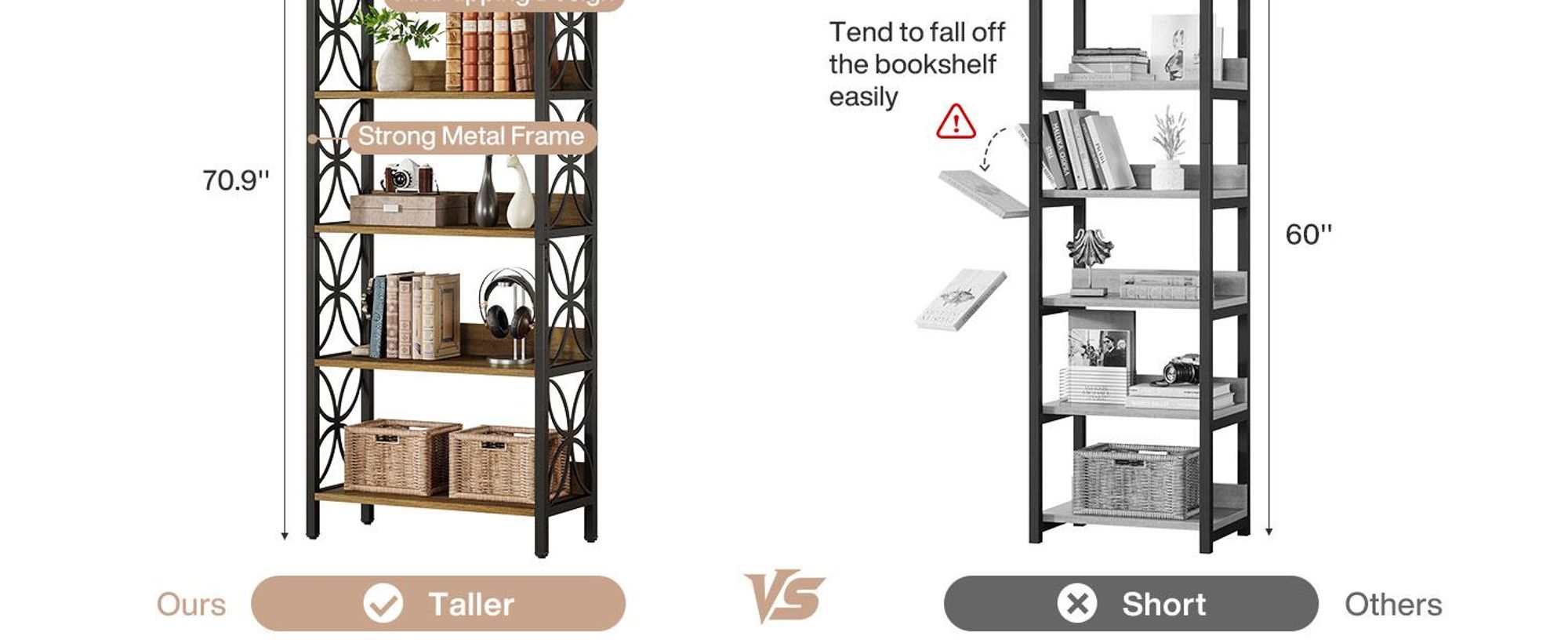 Tribesigns Bücherregal mit 6 Ebenen, 180 cm, industrielles Bücherregal mit Metallrahmen, Ausstellungsregal für Heimbüro, Bücherregal mit 6 Ablagen