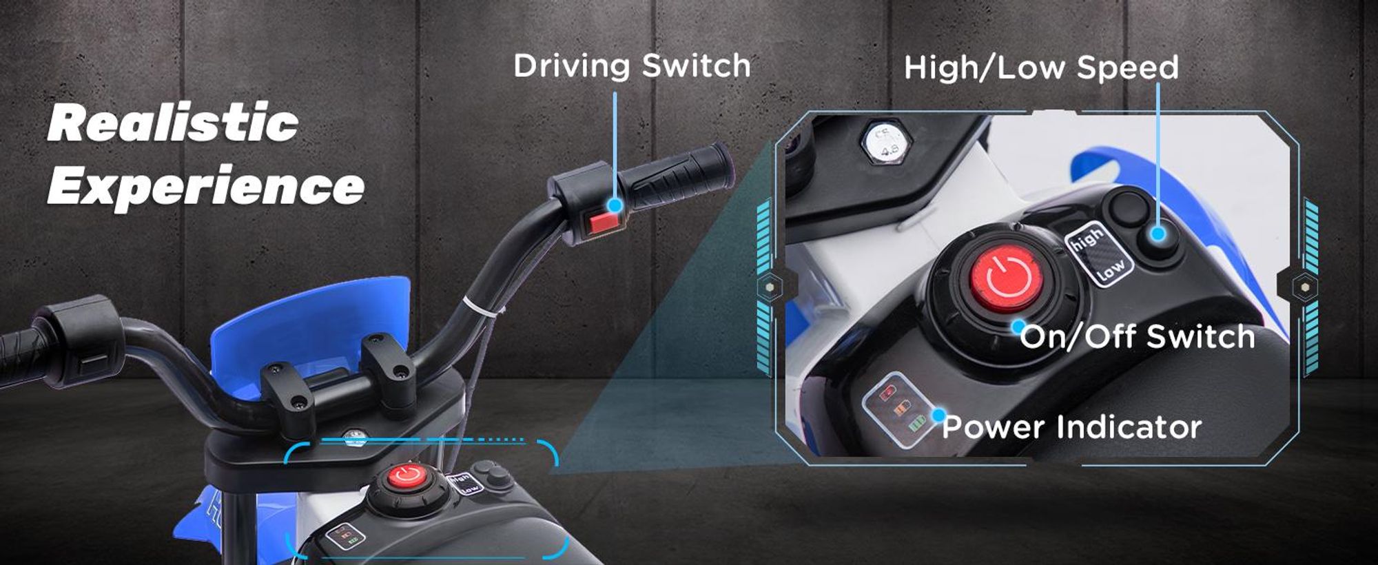 HOMCOM - Elektryczny motocykl dla dzieci, pojazd elektryczny dla dzieci, niebiesko-biały