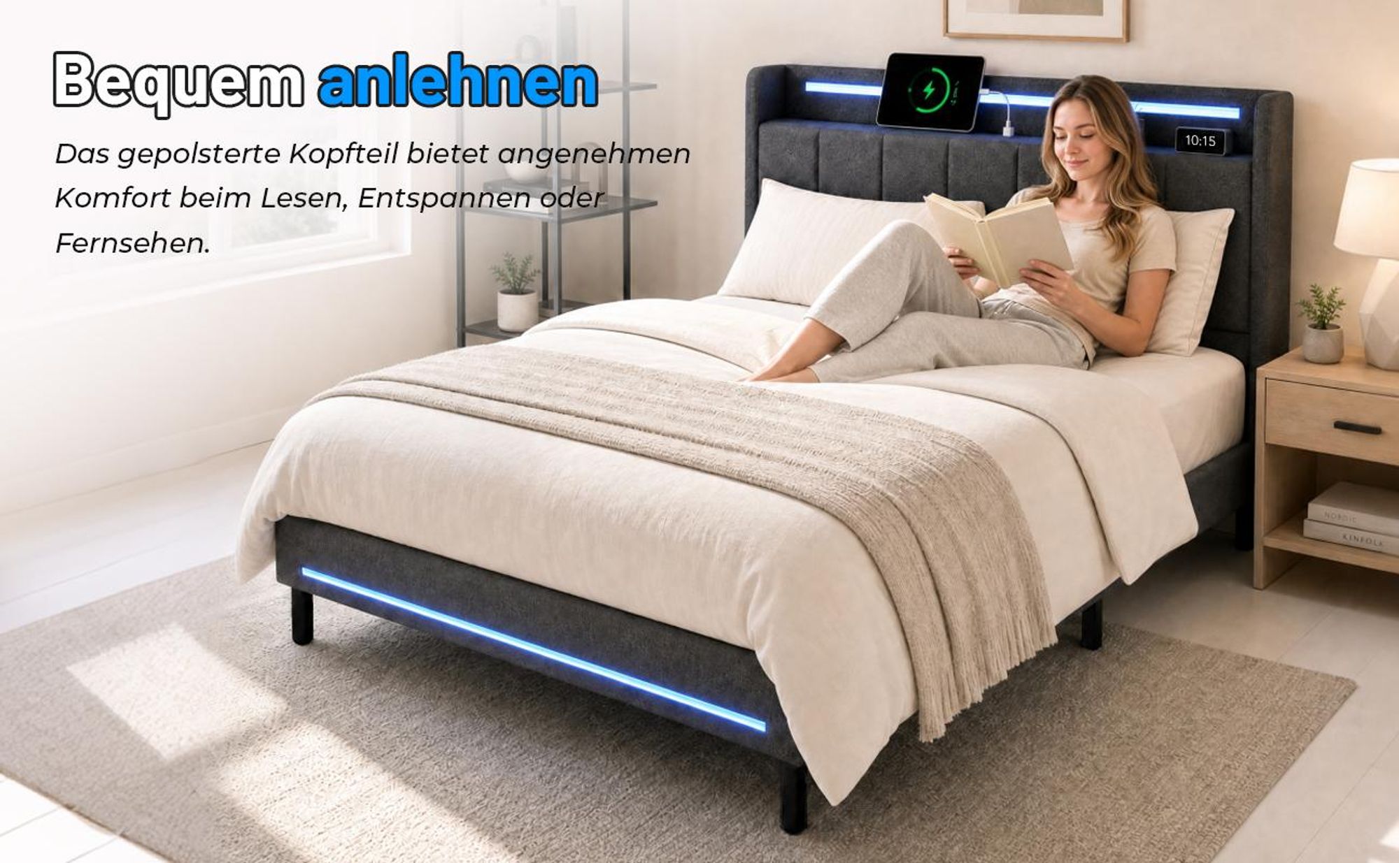 Polsterbett mit LED-Beleuchtung und USB-Ladefunktion, für Matratze 140x200cm, Doppelbett mit gepolstertem Kopfteil
