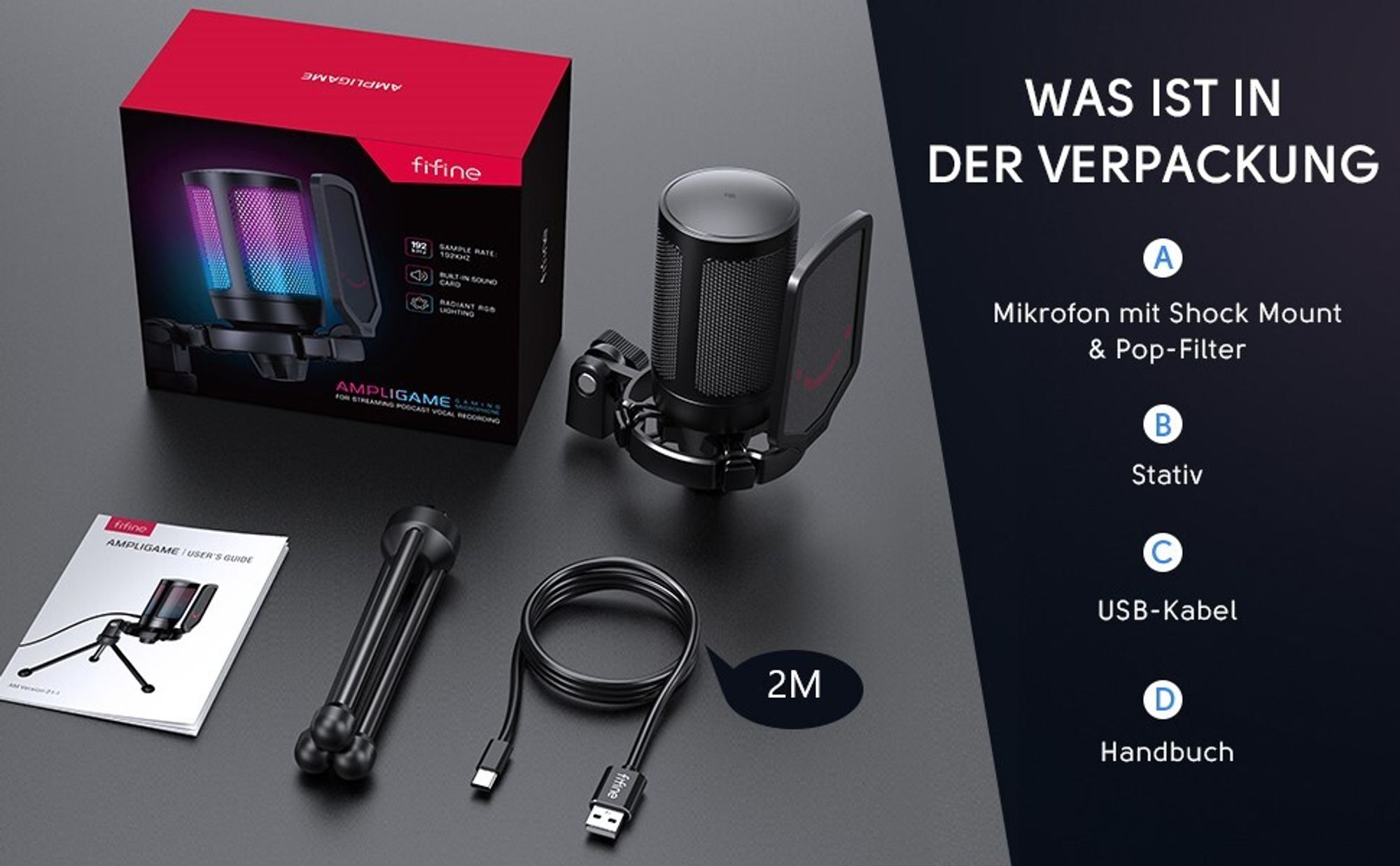 FIFINE Gaming Mikrofon PC USB Streaming Microphone mit Mikrofon Ständer, Schwarz