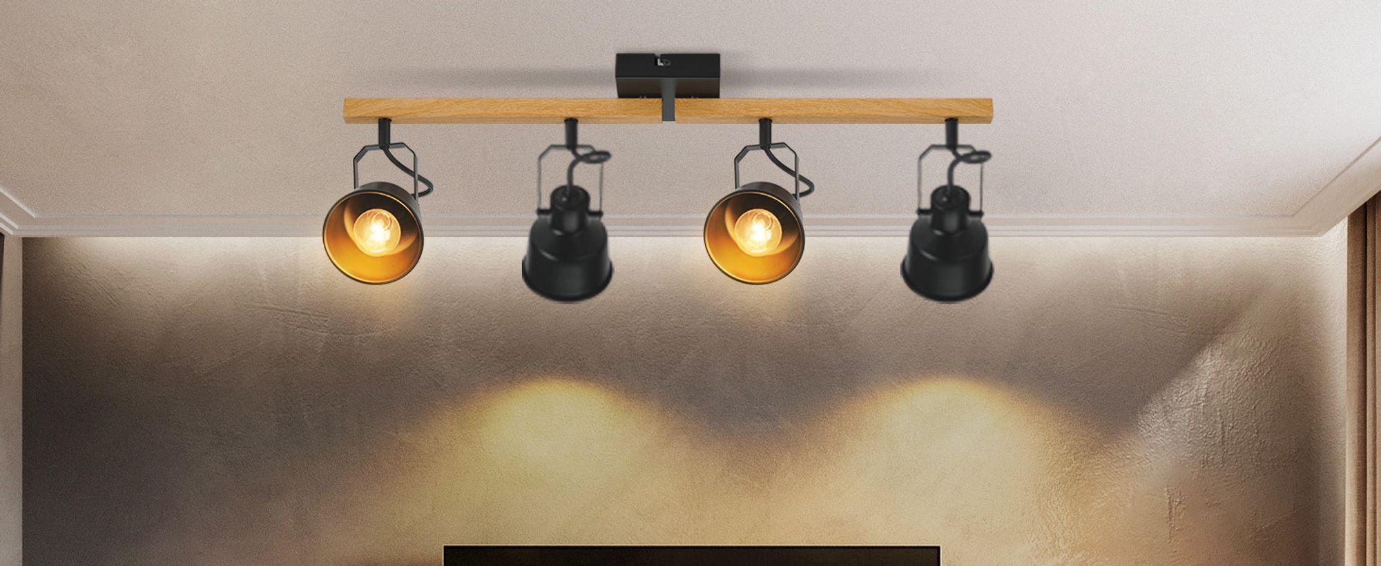 ZMH Deckenstrahler 4 Flammig Schwarz Deckenlampe Vintage Schwenkbar 350° MAX.25W E14 Fassung Industrial Holzmaserung Spotbalken für Wohnzimmer Schlafzimmer Büro (ohne Leuchtmittel)