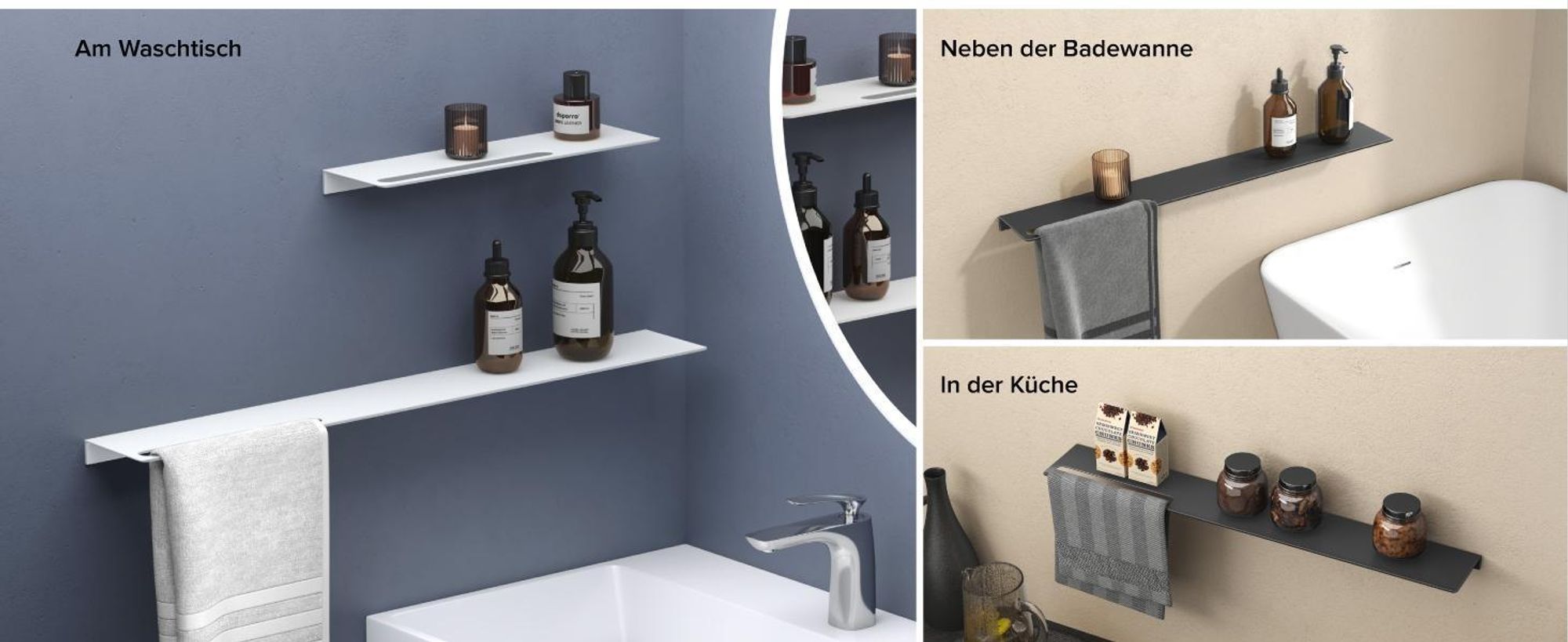 doporro Duschablage ohne Bohren aus Aluminium 60 cm, selbstklebendes Duschregal mit Handtuchhalter, 2-in-1 Badezimmer Organizer Matt schwarz Reglo-06