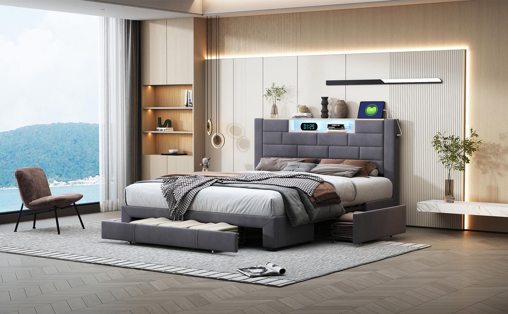 Fortuna Lai Polsterbett 140x200 cm mit 3 Schubladen, Kopfteil mit Stauraum, Doppelbett Jugendbett LED & USB, Samt, Grau