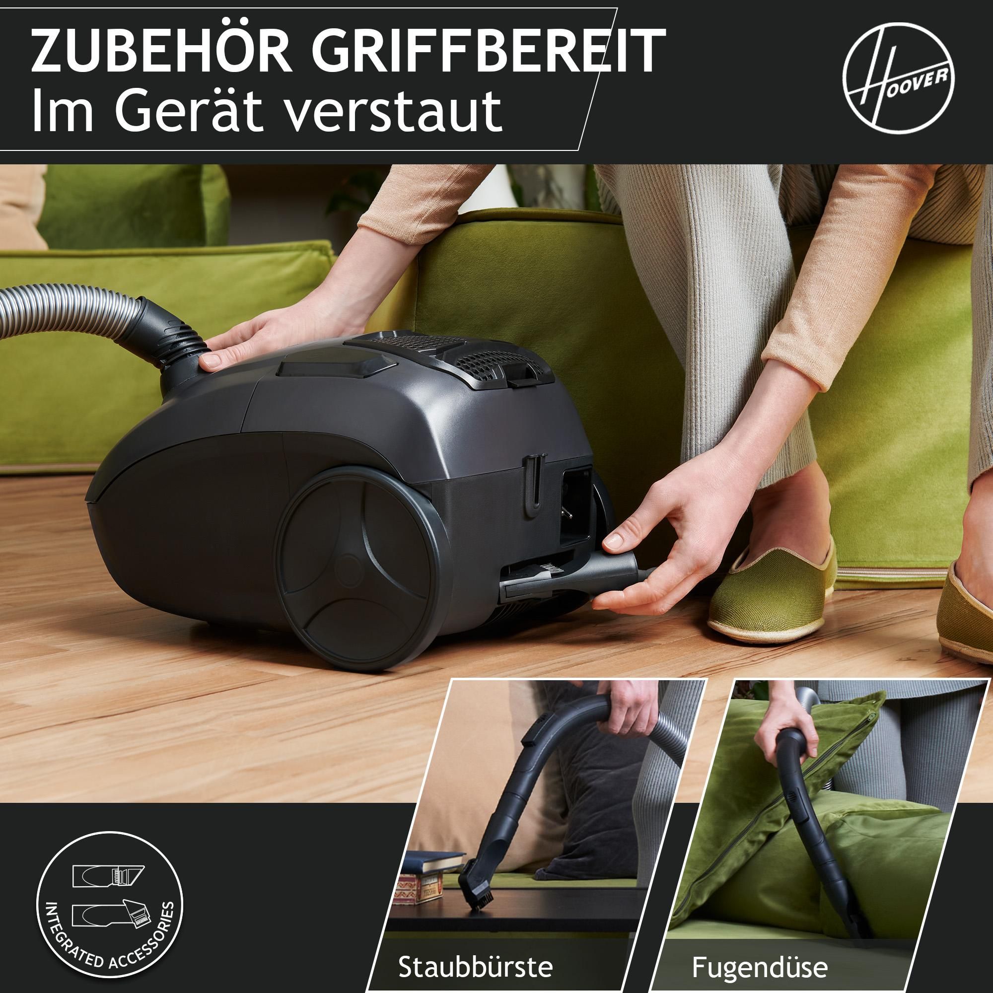Staubsaugerzubehör in Staubsauger verstaut und griffbereit
