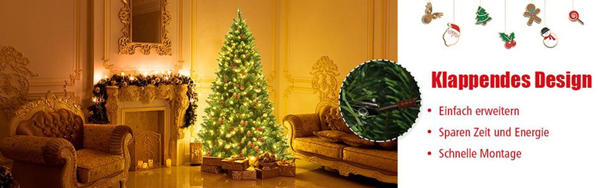 COSTWAY 135cm Künstlicher Weihnachtsbaum mit warmweißer LEDs, Metallständer, Tannenzapfen, rote Beeren&Klappsystem, , Christbaum PVC Nadeln, Grün