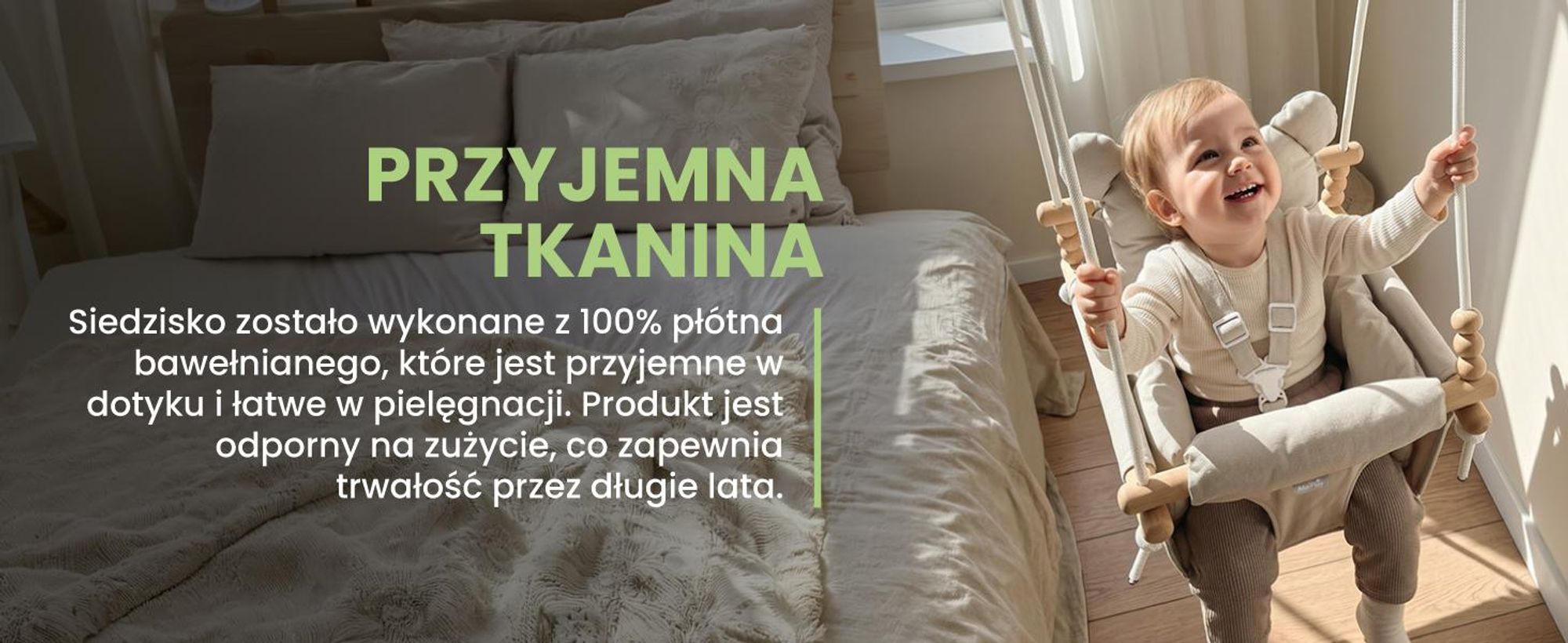 Bawełniana huśtawka dla dzieci w kolorze szarym z poduszką, na sznurkach