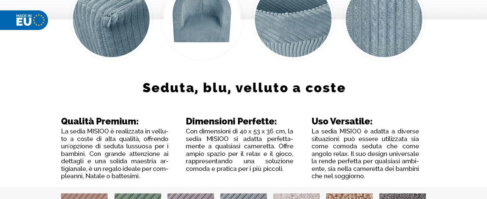 MISIOO Poltrona per bambini da 1 anno - Poltrona Premium in velluto a coste per bambini - Stabile e morbida - Imbottita ergonomicamente - 40x53x36 cm