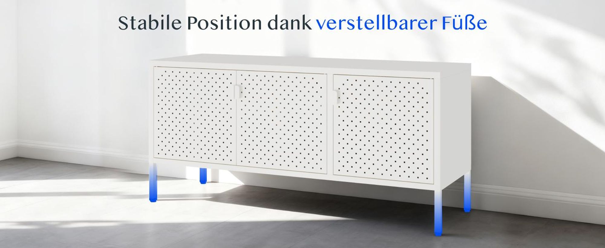 FLEXISPOT TV Schrank Metall – Sideboard mit Lüftungslöchern, 3 Türen & verstellbaren Füßen für Wohnzimmer, Büro, Schlafzimmer, 118x39x55 cm, Weiß