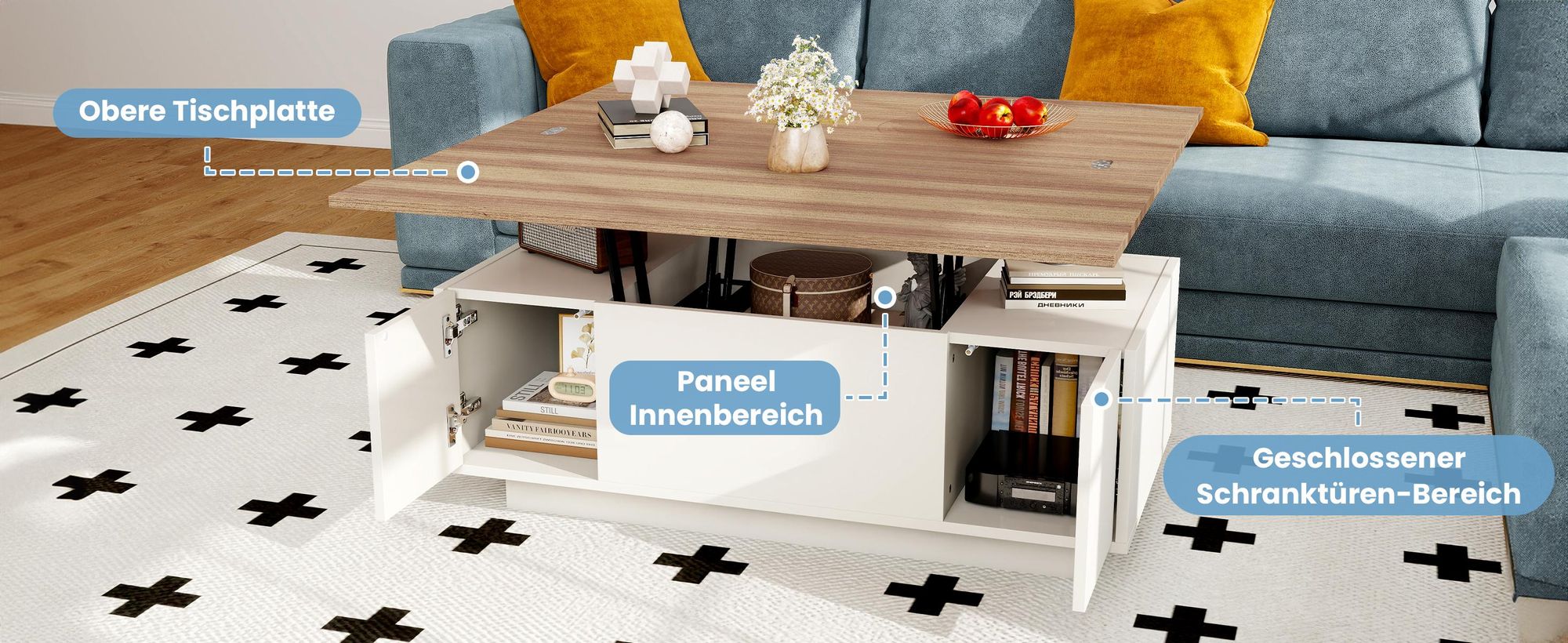 MODFU Couchtisch Wohnzimmertisch mit Doppel-Hebemechanismus,Sofatisch Kaffeetisch mit verstecktem Stauraum,Freizeittisch,Sideboard,Weiß + Natur