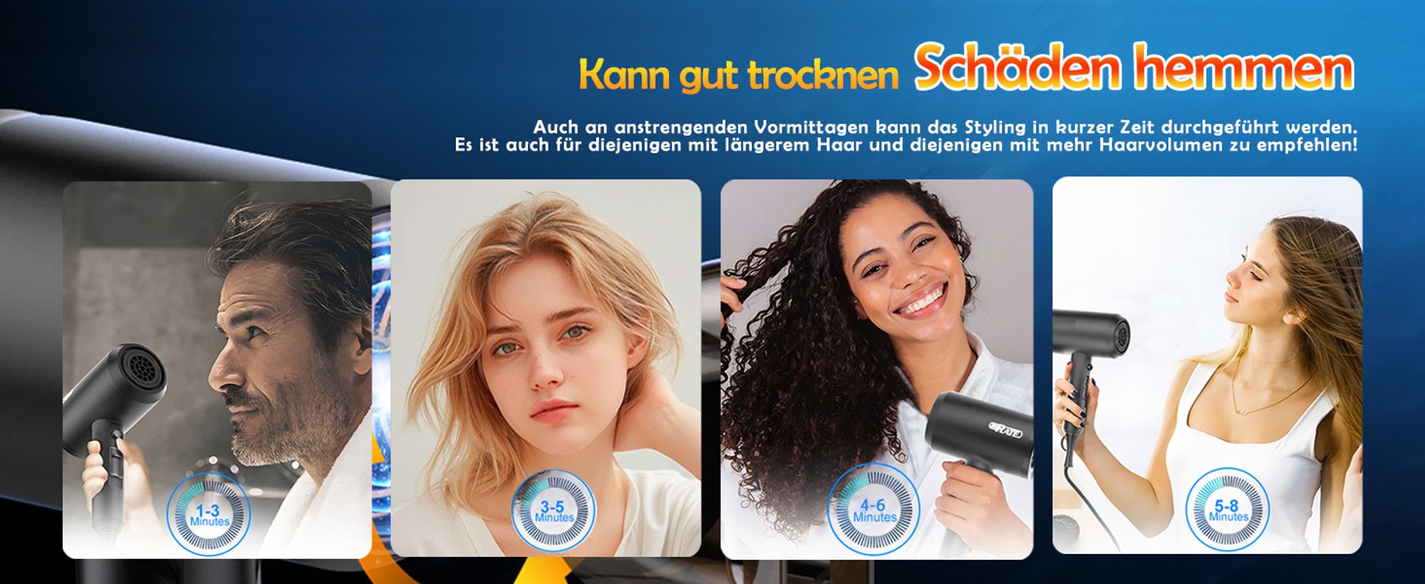KUGI Haartrockner Föhn Ionen,klappbar,mit 3 Stylingdüse, 2500W, 6-Betriebsarten,Schnelltrocknen,Reiseföhn Hairdryer