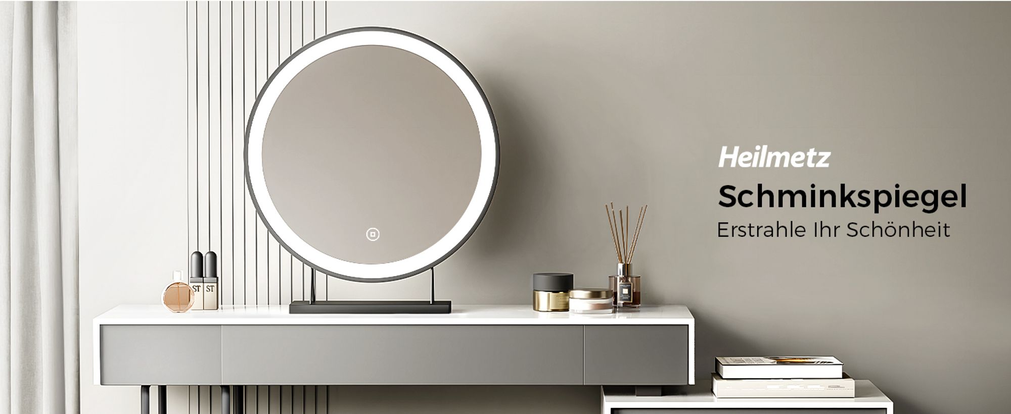 Heilmetz Schminkspiegel mit Beleuchtung Φ40cm Schwarz LED Kosmetikspiegel Tischspiegel 3 Lichtfarbe Warmweiß/Neutral/Kaltweiß(Dimmbar 3000-6500K)Touch
