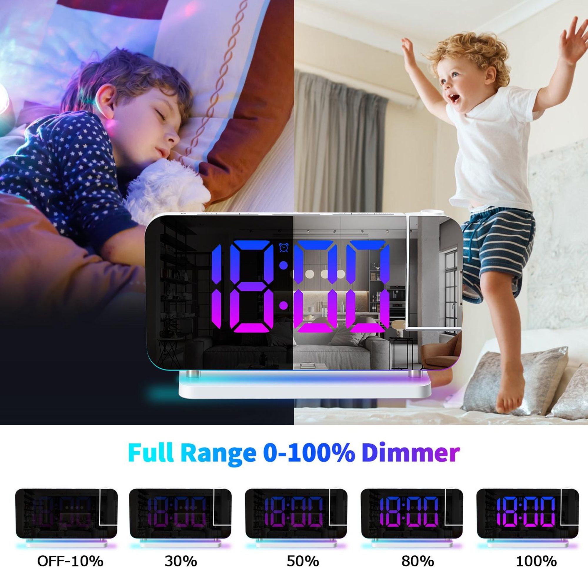 Projektionswecker fuer Schlafzimmer, 7-Zoll-RGB-bunte LED-Digitaluhr mit Spiegeloberflaeche, 6-stufiger Helligkeitsdimmer, USB-Ladegeraet, Schlummerfunktion, 12/24 Stunden, 11 Farben, 180-Grad-Projektor an der Decke