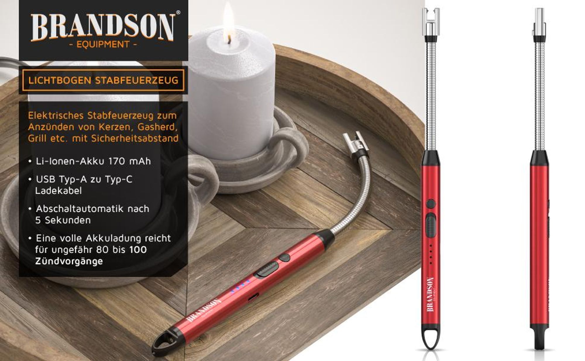 Brandson Lichtbogen-Stabfeuerzeug, Lichtbogen-Stabfeuerzeug mit Akku und USB-C-Ladekabel
