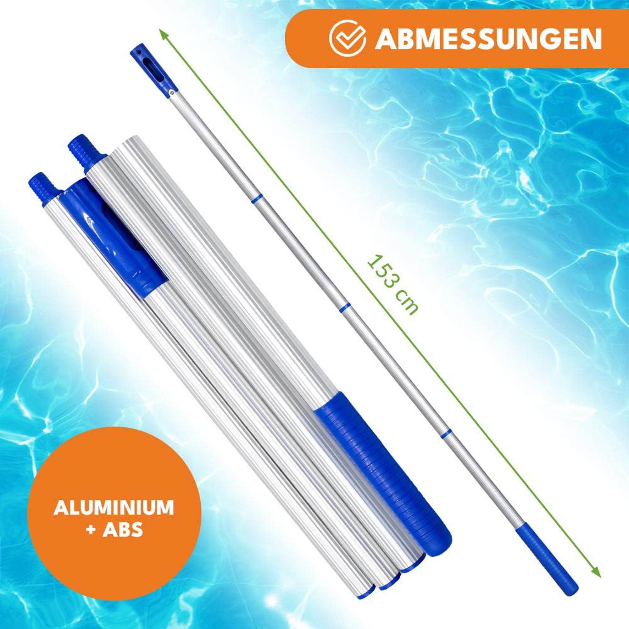 KRUMAD Teleskopstange aus Aluminium für Poolkescher und Reinigungsnetz, 153 cm, leicht & robust, Poolreinigungszubehör, kompatibel mit Zubehör
