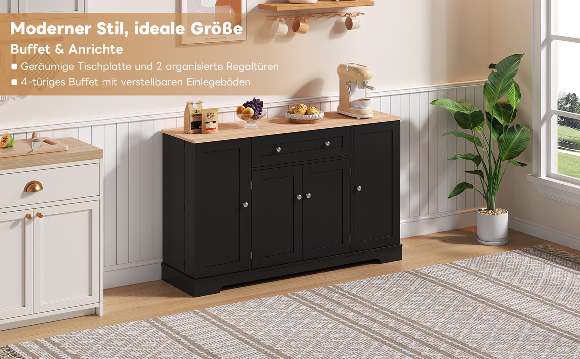Flieks Sideboard Küchenschrank, Anrichte Küchenbuffet mit verstellbare Ablagen, Aufbewahrungsschrank für Küche, Wohnzimmer, Esszimmer, Schwarz