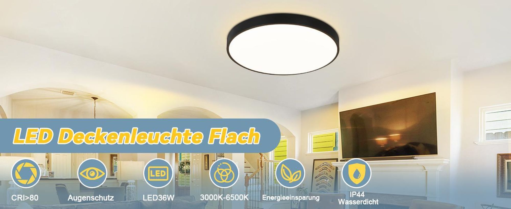 ZMH LED Deckenleuchte Dimmbar Deckenlampe mit Fernbedienung 36W Schwarz IP44 Flach 37cm Rund Küchenlampe Fürs Schlafzimmer Küche