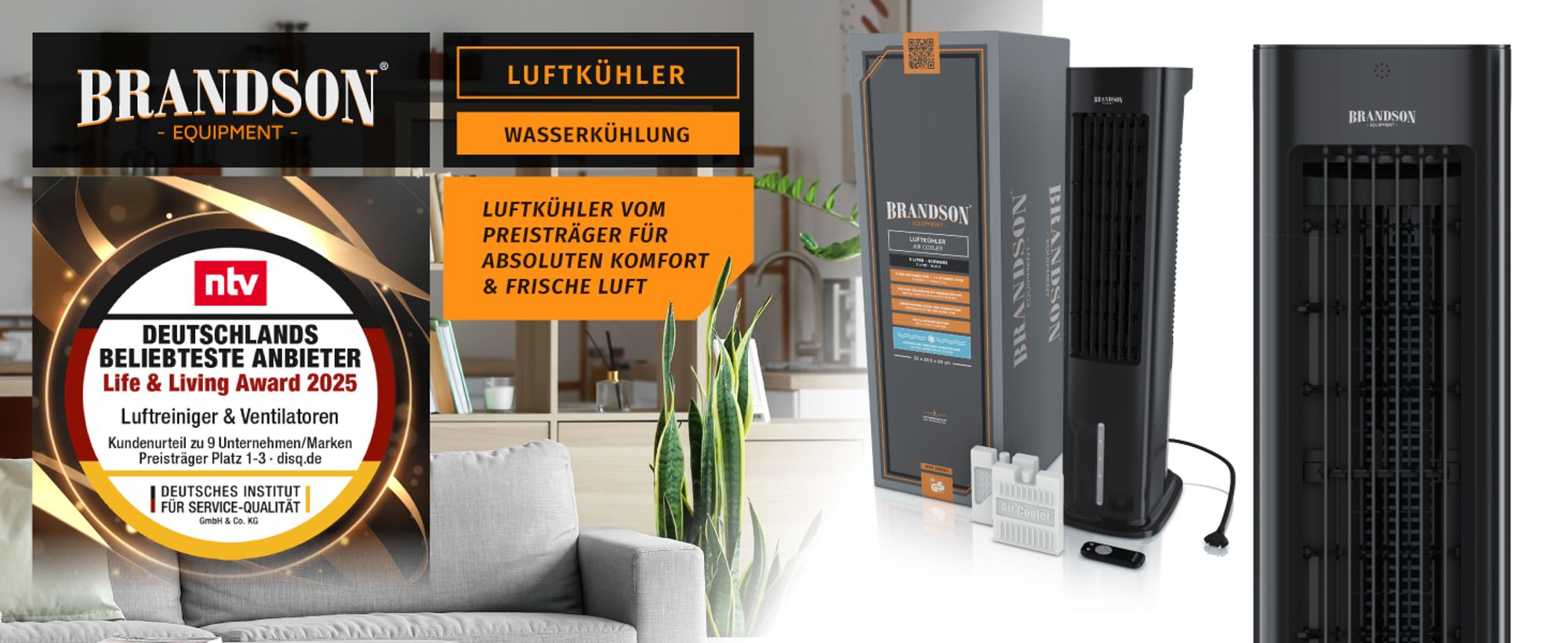 Schwarzer Luftkühler mit Verpackung und Zubehör, daneben Award-Grafik von ntv 2025