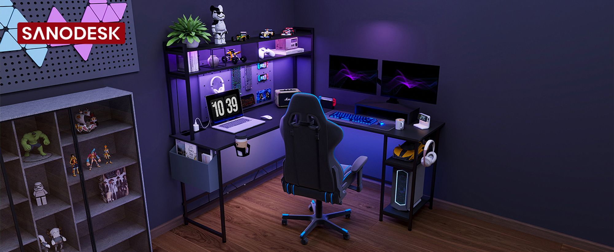 SANODESK Computertisch Gaming Tisch L-Form Schreibtisch Jugendschreibtische mit LED-Beleuchtung, 2 Steckdosen & 2 USB-Anschlüsse, Haken (Schwarz)