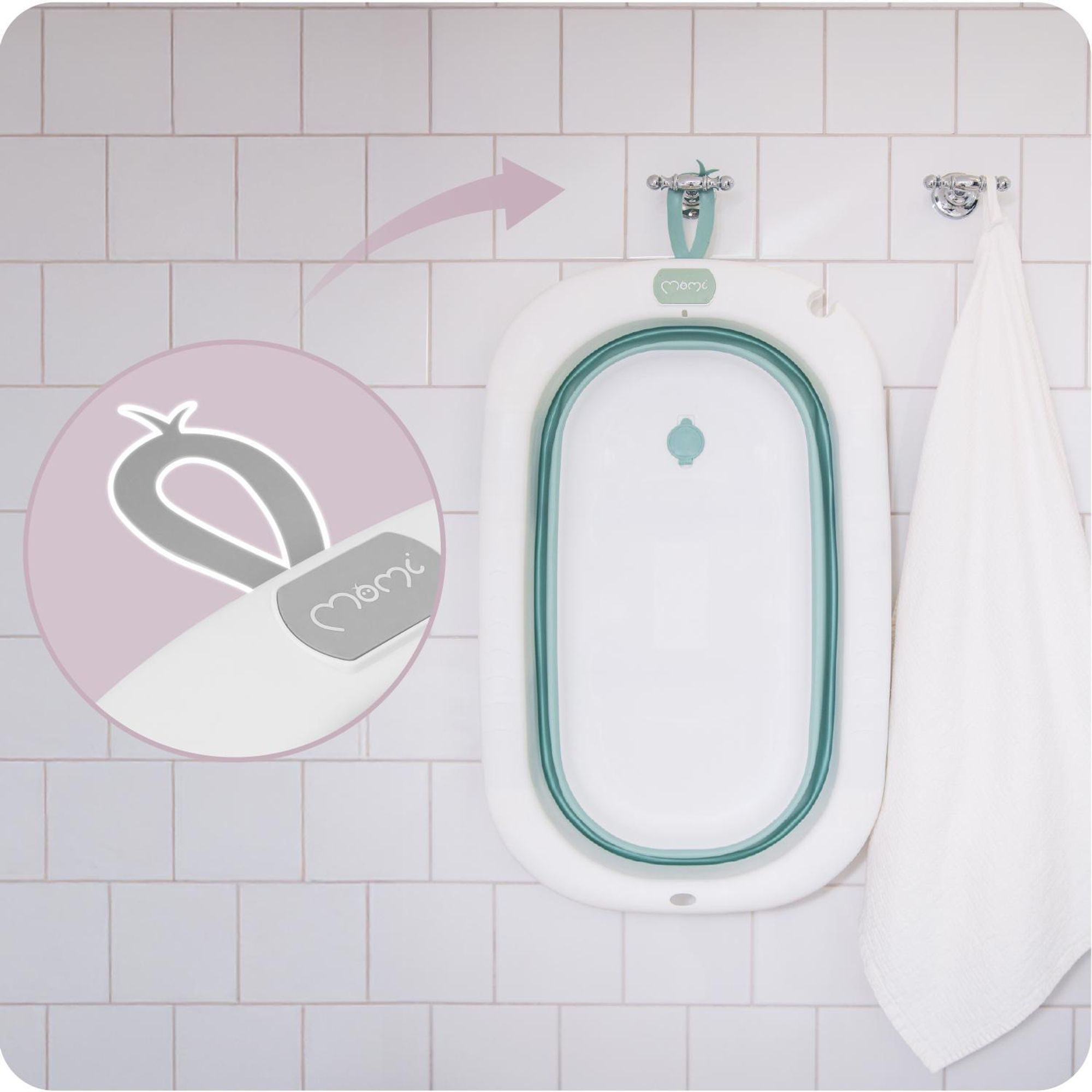 MoMi NATA – Babywanne klappbar, Ablass-Stöpsel, Anti-Rutsch-Füße, Duschhalter – Grün