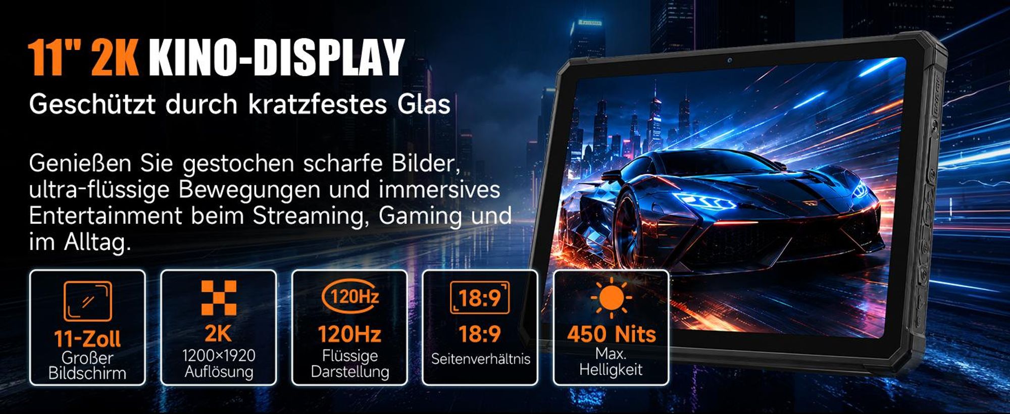 RUGTAKE T5 Pro Outdoor Tablet 5G Android 16 - 32GB+256GB - 20080mAh 11" 120Hz 2K 64MP+20MP Nachtsicht Rugged Tablet Gemini AI/Widevine L1, Orange