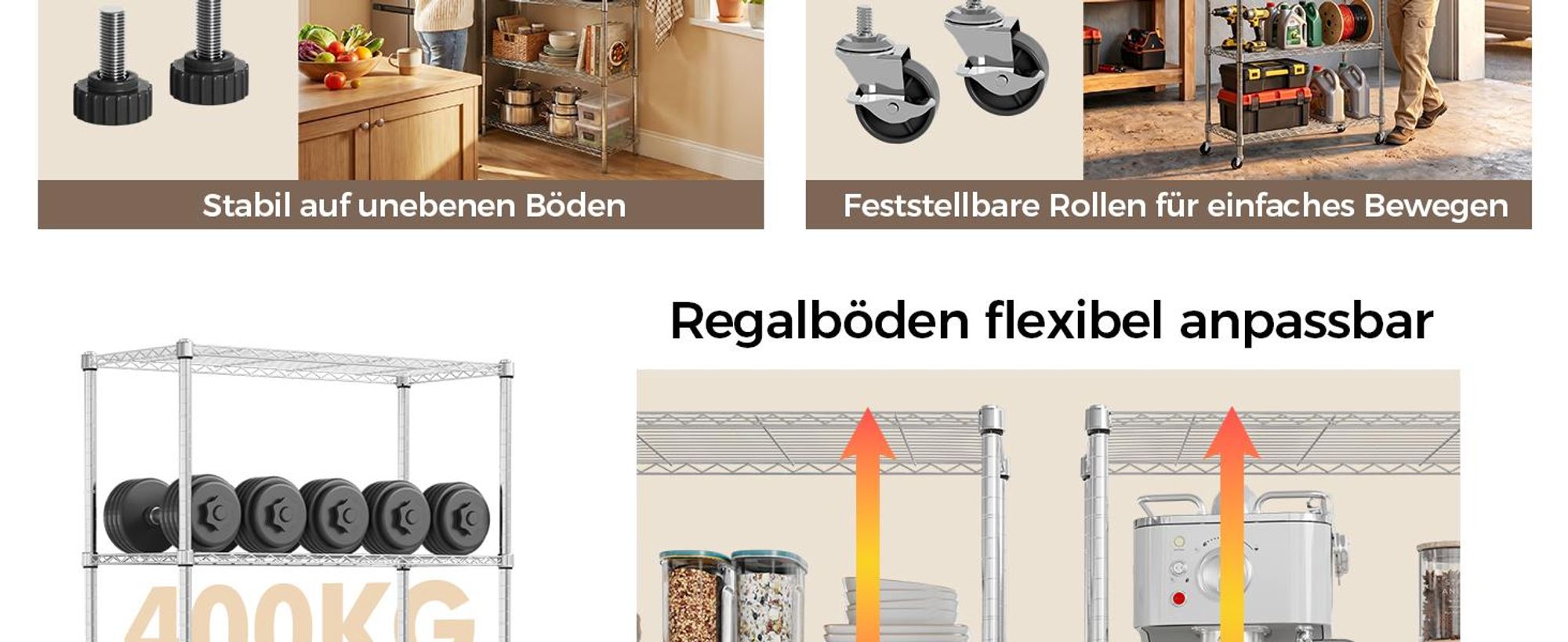 Mondeer Regal Aufbewahrungsregal 5-Stufiges Küchenregal, mit 8-Haken und 4-Rädern, PP-Trennwand