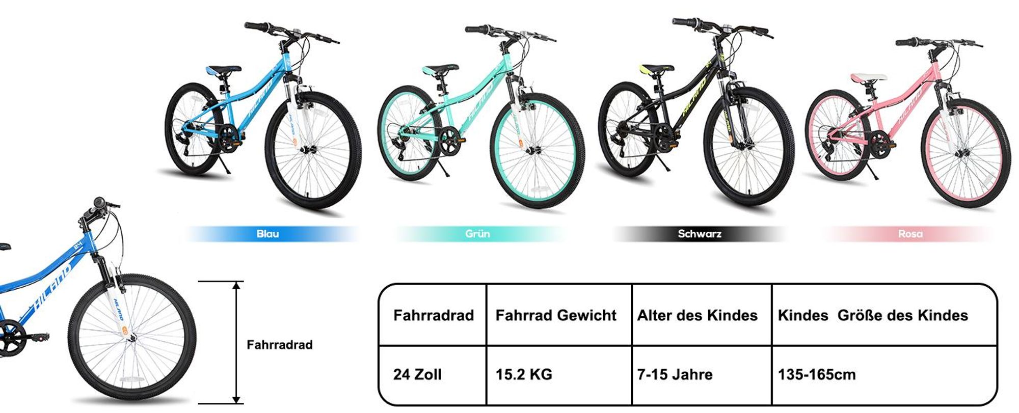 HILAND Climber 24 Zoll Kinderfahrrad Mountainbike mit Federgabel 7 Gang Shimano V-Bremse, Kinder MTB Jugend Mädchen, Schwarz