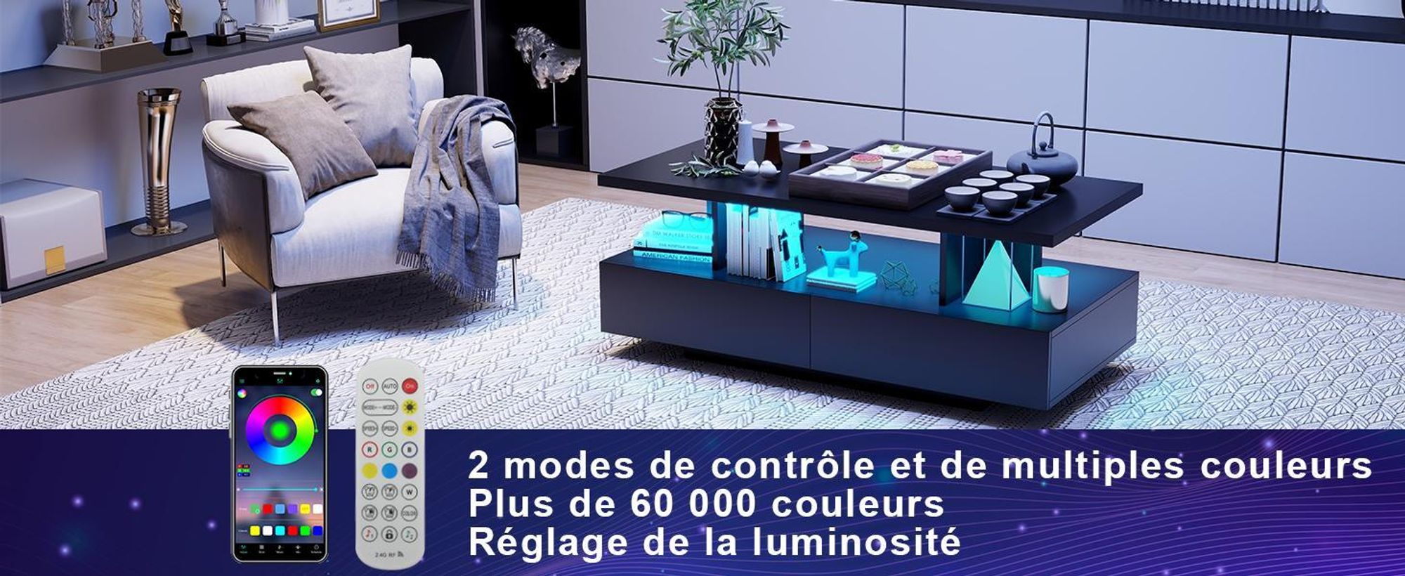 Puluomis Table basse avec tiroir, barre lumineuse RGB avec contrôle App, télécommande, table basse table basse pour salon, noir