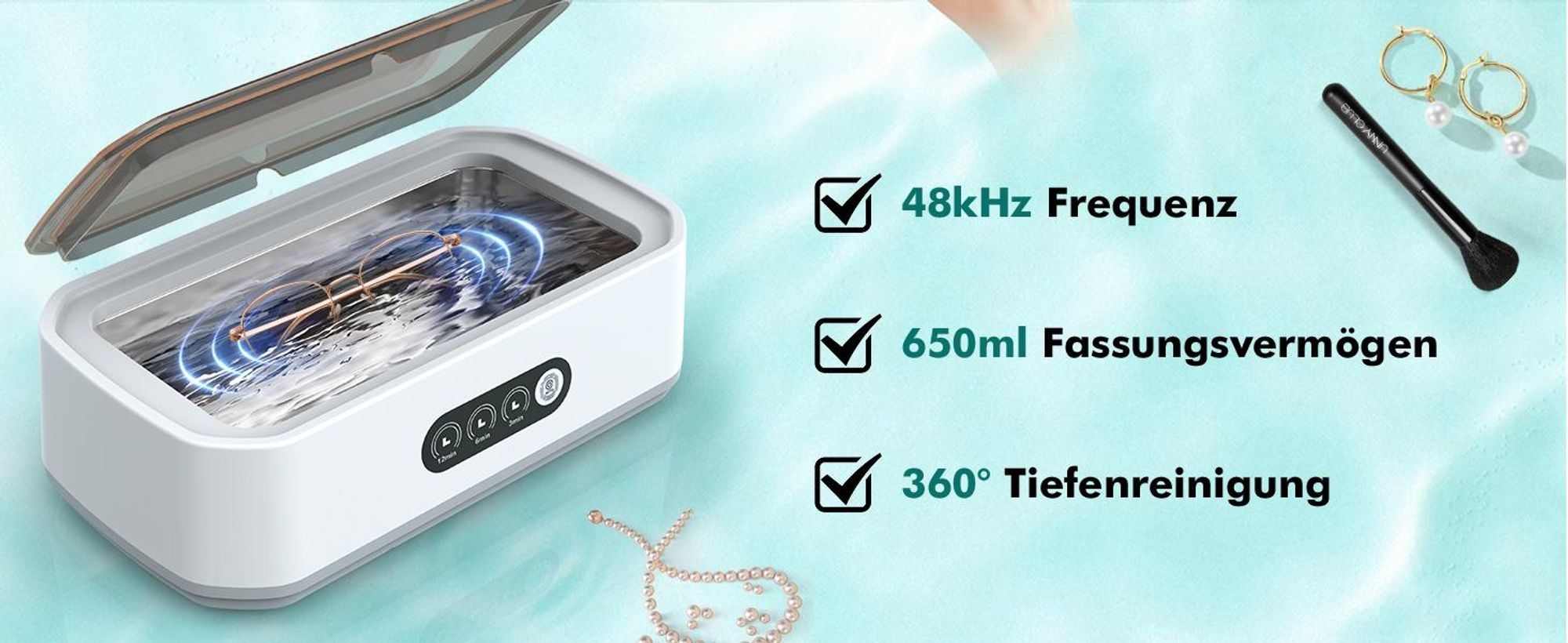 Ultraschallreiniger, Ultraschallreinigungsgerät, 650ml 48.000Hz Ultraschallgerät, 360° Tiefenreinigung, für Gläsern, Schmuck, Zahnersatz