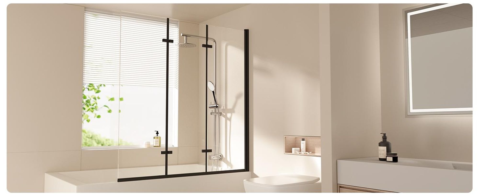 EMKE Duschabtrennung 120 x 140cm Mattschwarzer Rahmen Badewanne Faltwand Nanobeschichtungen ESG Sicherheitsglas Duschwand Glas für Badewannen