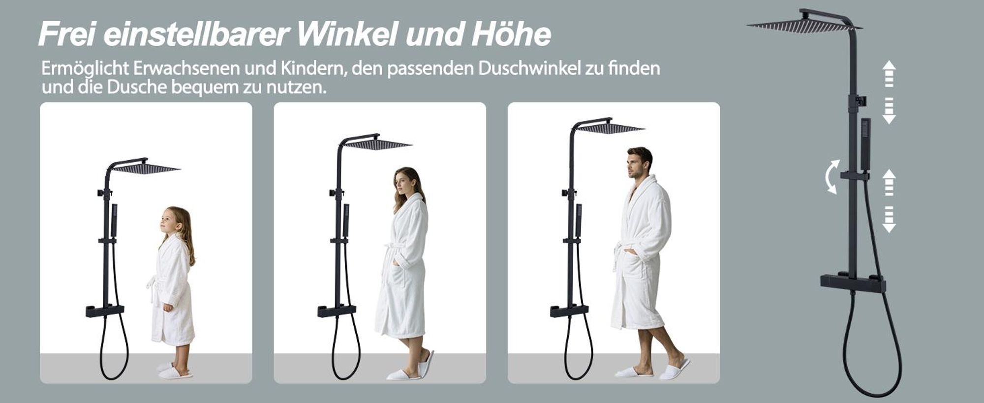 Homelody Duschsystem mit Thermostat, Edelstahl Duscharmatur mit Armatur, 30*30CM Großer Regendusche Duschkopf Höhenverstellbar 855-1105MM Schwarz