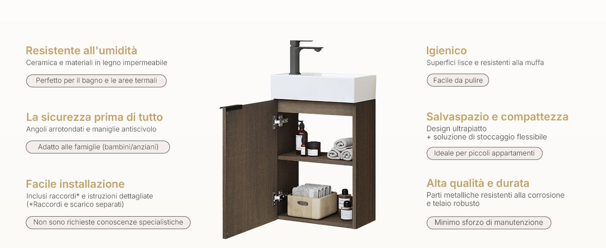 Set lavabo EMKE Mobiletto con lavabo in ceramica 417×240×646 mm sospeso, soft-close, rovere fumé
