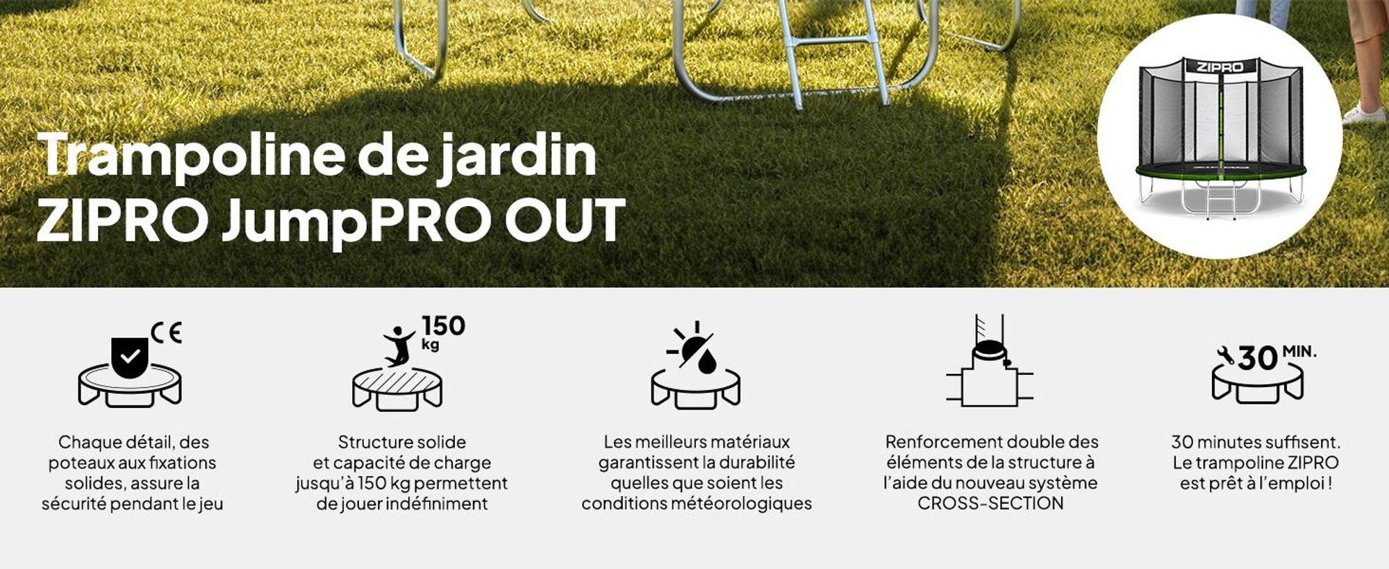 Trampoline ZIPRO Jump Pro Out | 8FT Ø 252 cm | Trampoline de jardin Trampoline pour enfants Kit complet avec filet extérieur, échelle et housse de protection, pour l'extérieur, vert