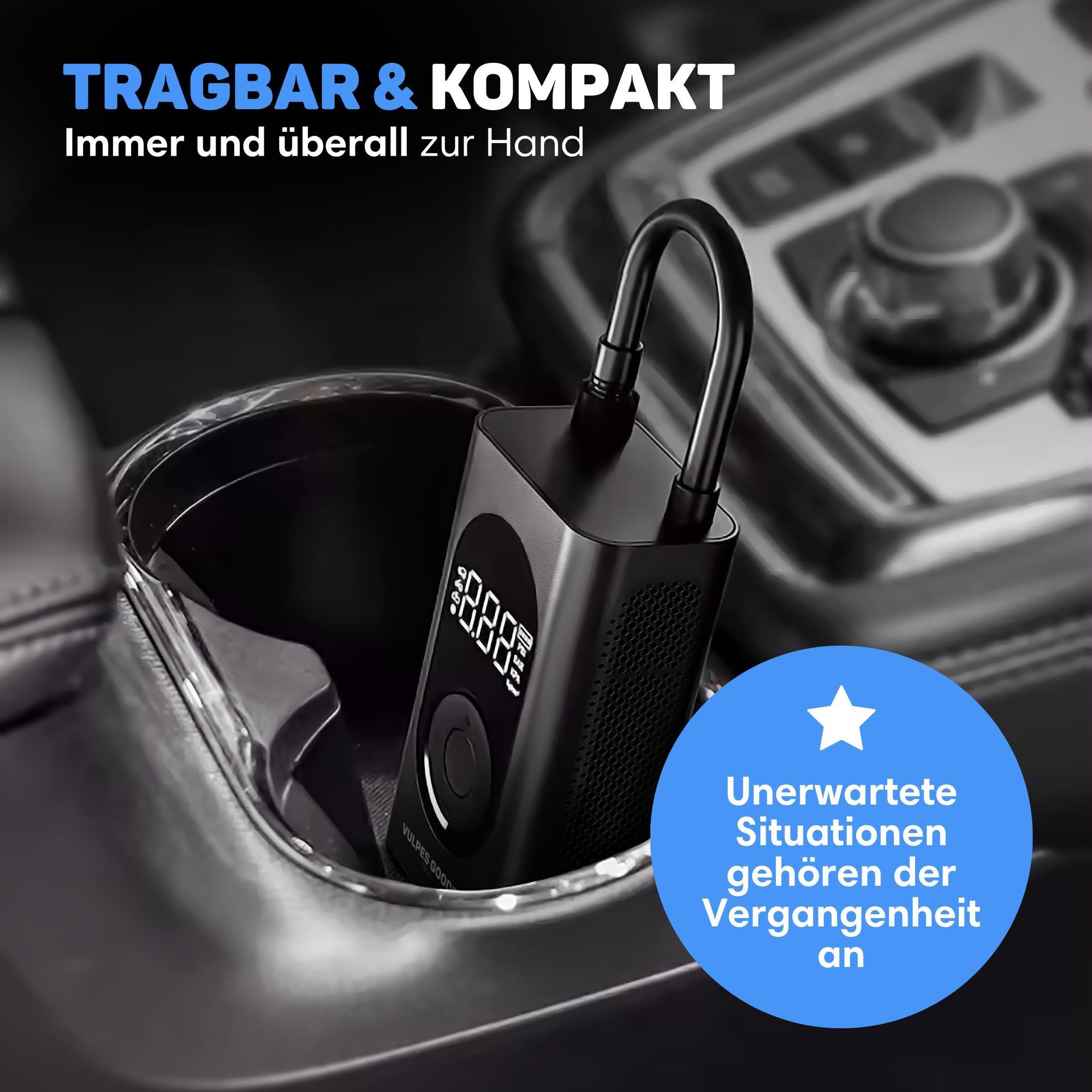 Vulpes Goods Luftkompressor, Tragbarer Kompressor, 6400mAh, Kompressor für Auto, Scooter, Fahrrad, Ball und Luftmatratze, Reisetasche, Mit 7 Aufsätzen