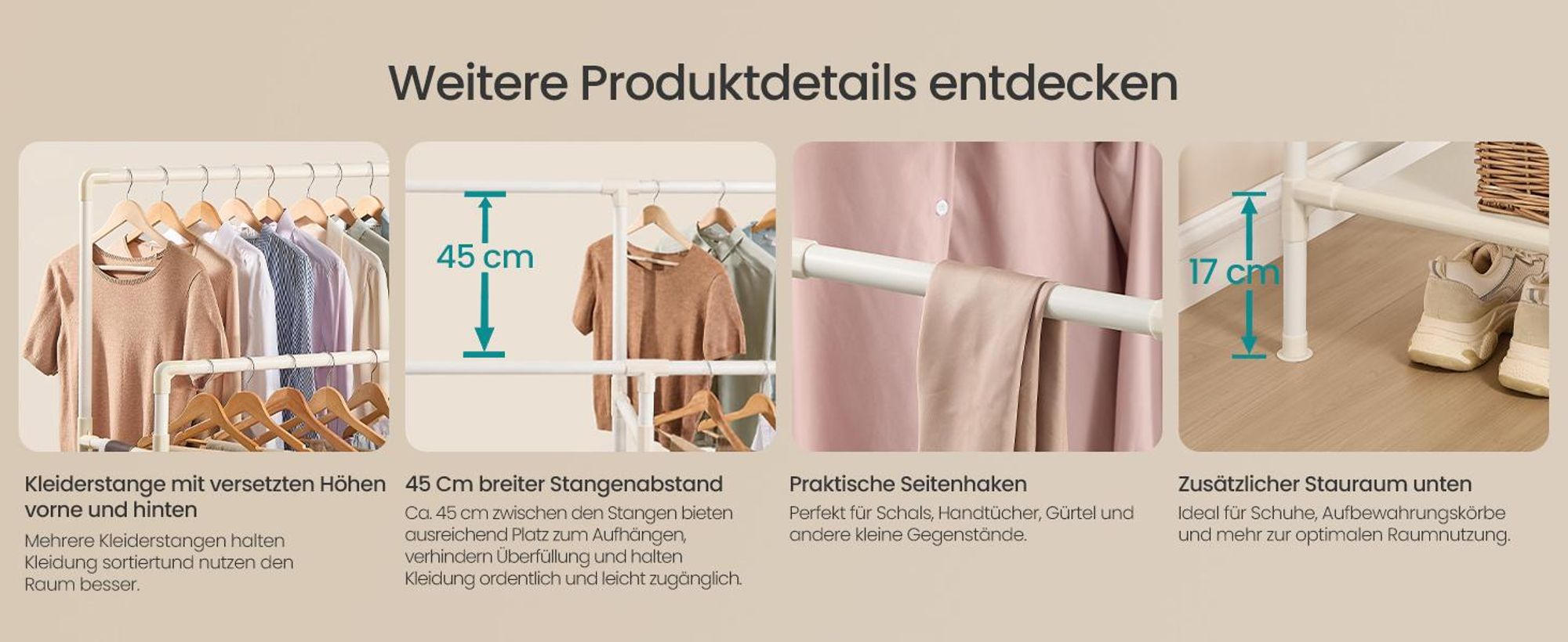 SONGMICS Kleiderständer mit Doppelstange und 2 Ablagen, Belastbar bis 100 kg, 163 x 45 x 156 cm, Weiß