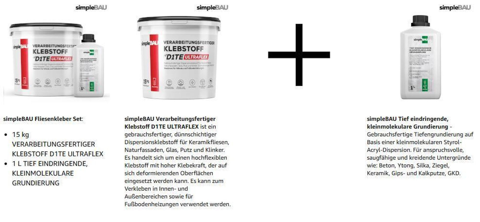 SimpleBau Fertigfliesenkleber 7KG Universal Kleber für Gipskartonplatten + 1L Grundierung Osb,Kleber für schwierige Untergründe Kleber