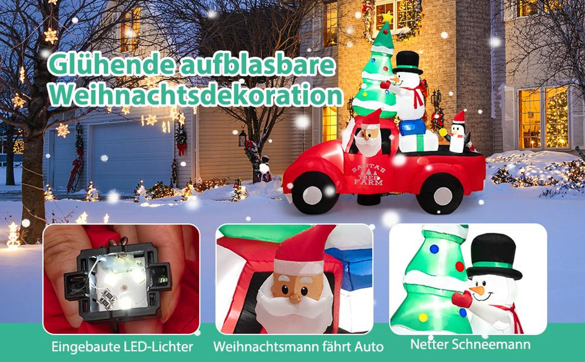 COSTWAY Aufblasbarer Weihnachtsmann fährt Auto, LED Weihnachtsdekoration mit Schneemann, Weihnachtsbaum, Geschenk & Pinguin, Selbstaufblasend