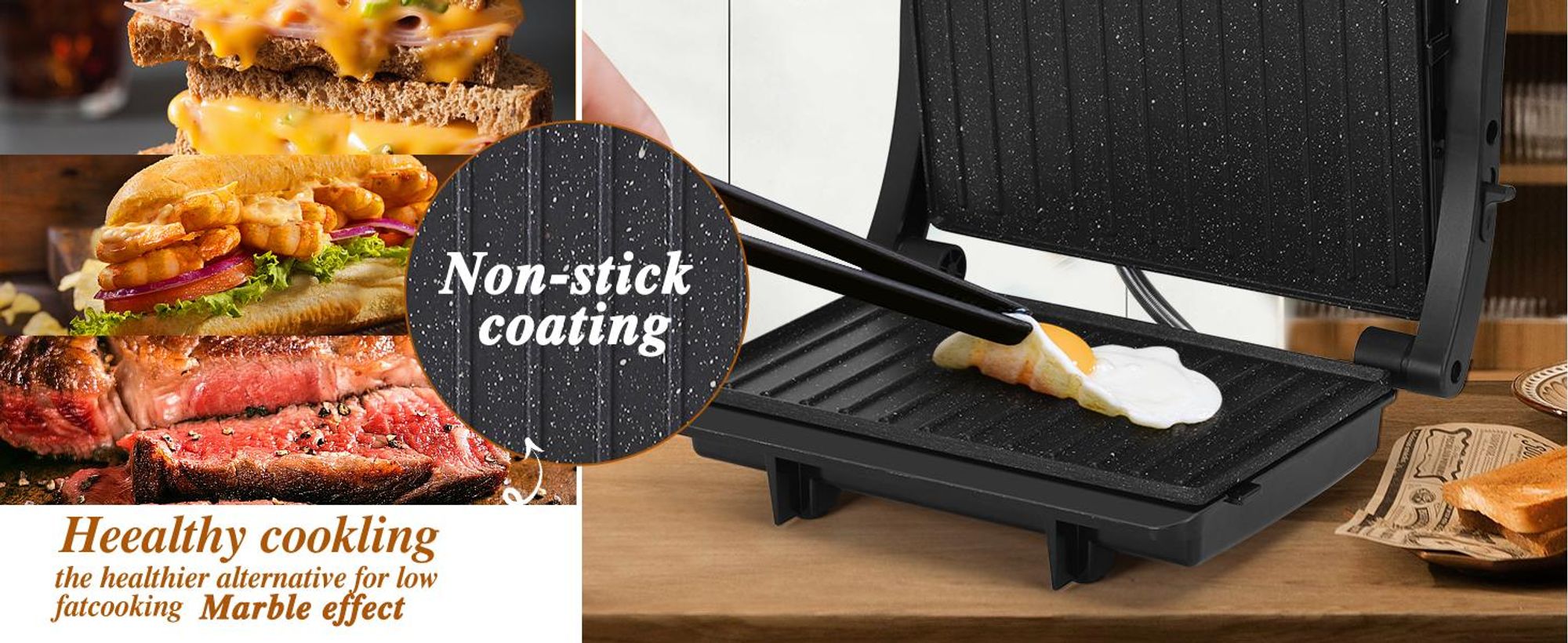 Aigostar - XXL Kontaktgrill Panini Grill, Sandwich Maker, Edelstahl, 1000W , Gleichmäßige Erwärmung, 180° Kontaktgrill, Leicht zu lagern