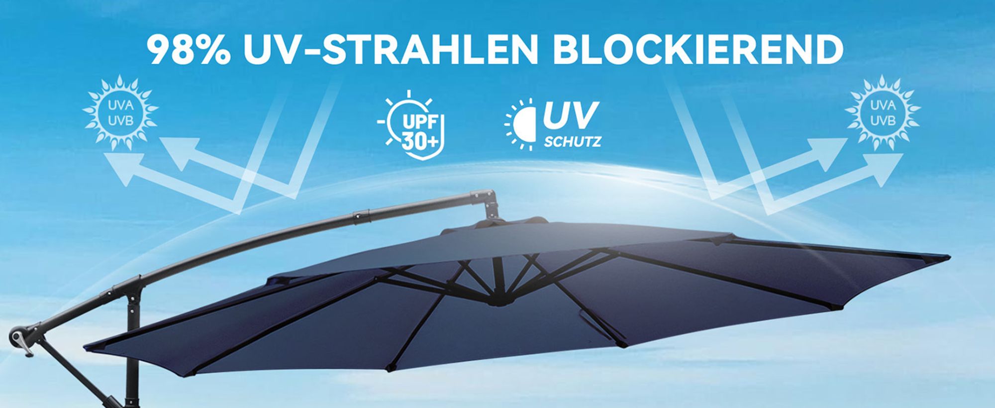 Puluomis Sonnenschirm verstellbare Ampelschirm mit Kurbel ohne Ständer, Ø300cm UPF 30+ Aluminiumrahmen Balkonschirm Strandschirm Gartenschirm blau