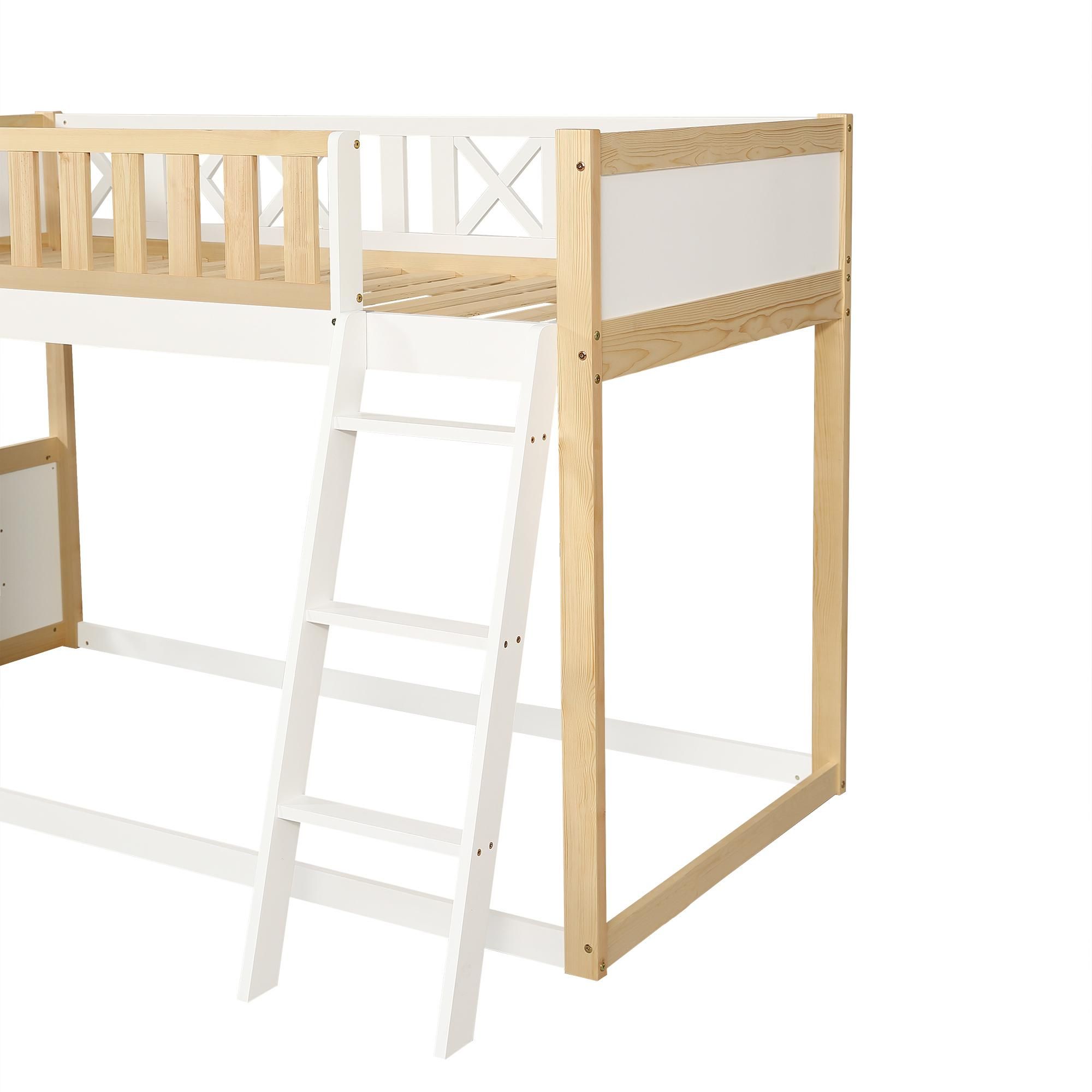 Flieks Etagenbett 90x200cm mit Tafel, Kinderbett mit Rausfallschutz und Lattenrost, Hochbett mit Aufbewahrungsbox, Naturbelassen