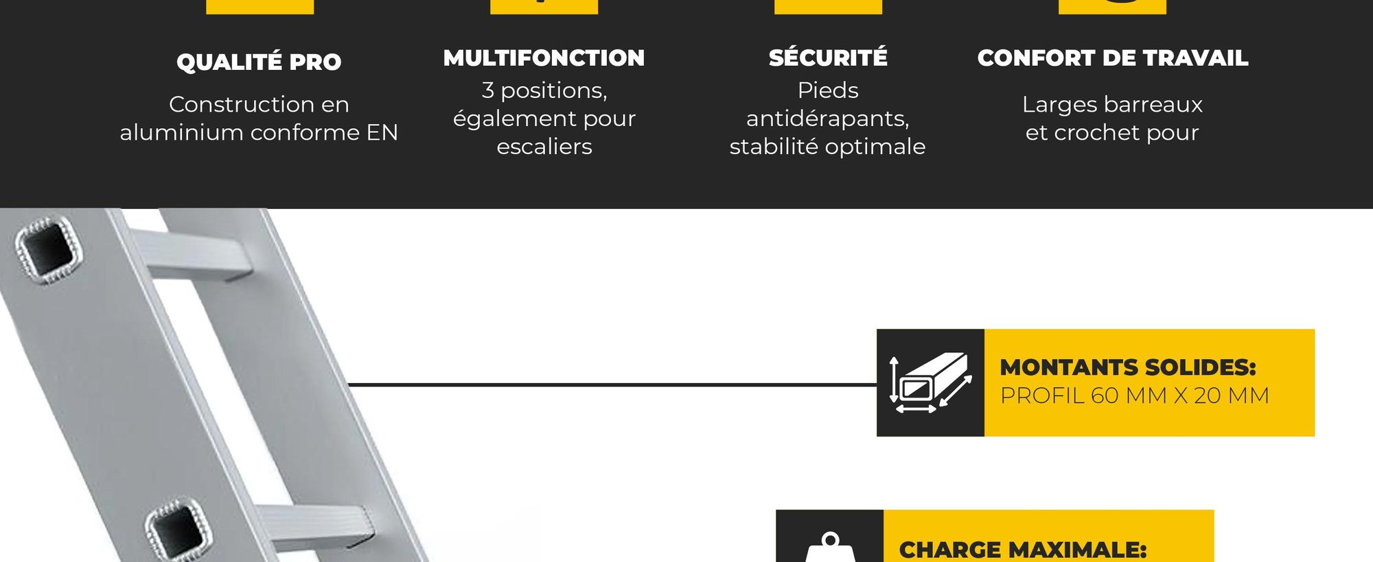 Drabest | Échelle Pro 3 Éléments 3x6 - Aluminium - Charge Max 150 kg - Antidérapante et Stable