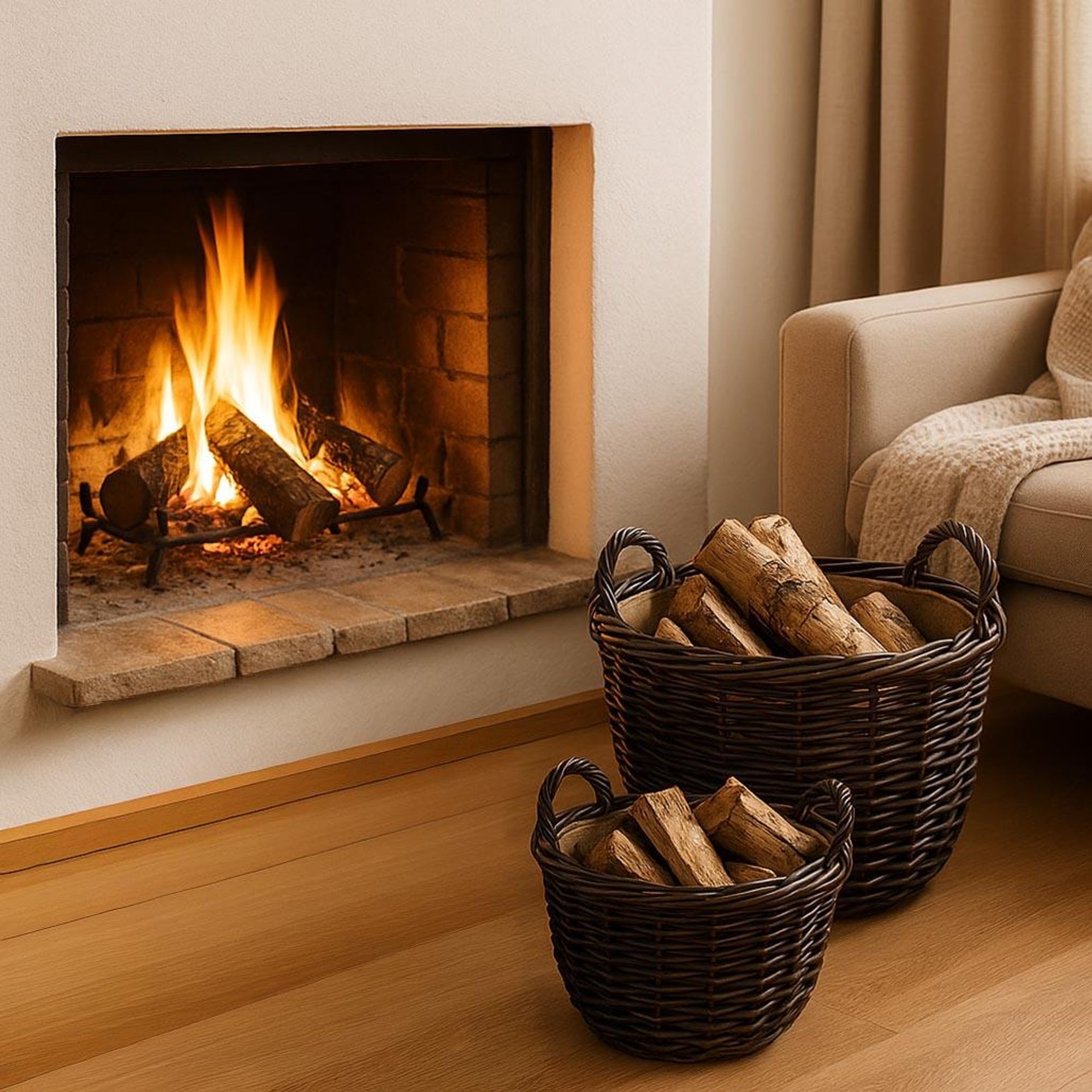 Kobolo Holzkorb krabu Rattan rund 2er Set - Feuerholzkörbe Brennholzkorb Feuerholzkorb Korb Körbe Holztrage Holzkörbe Kaminholzkorb Rattankorb Trage