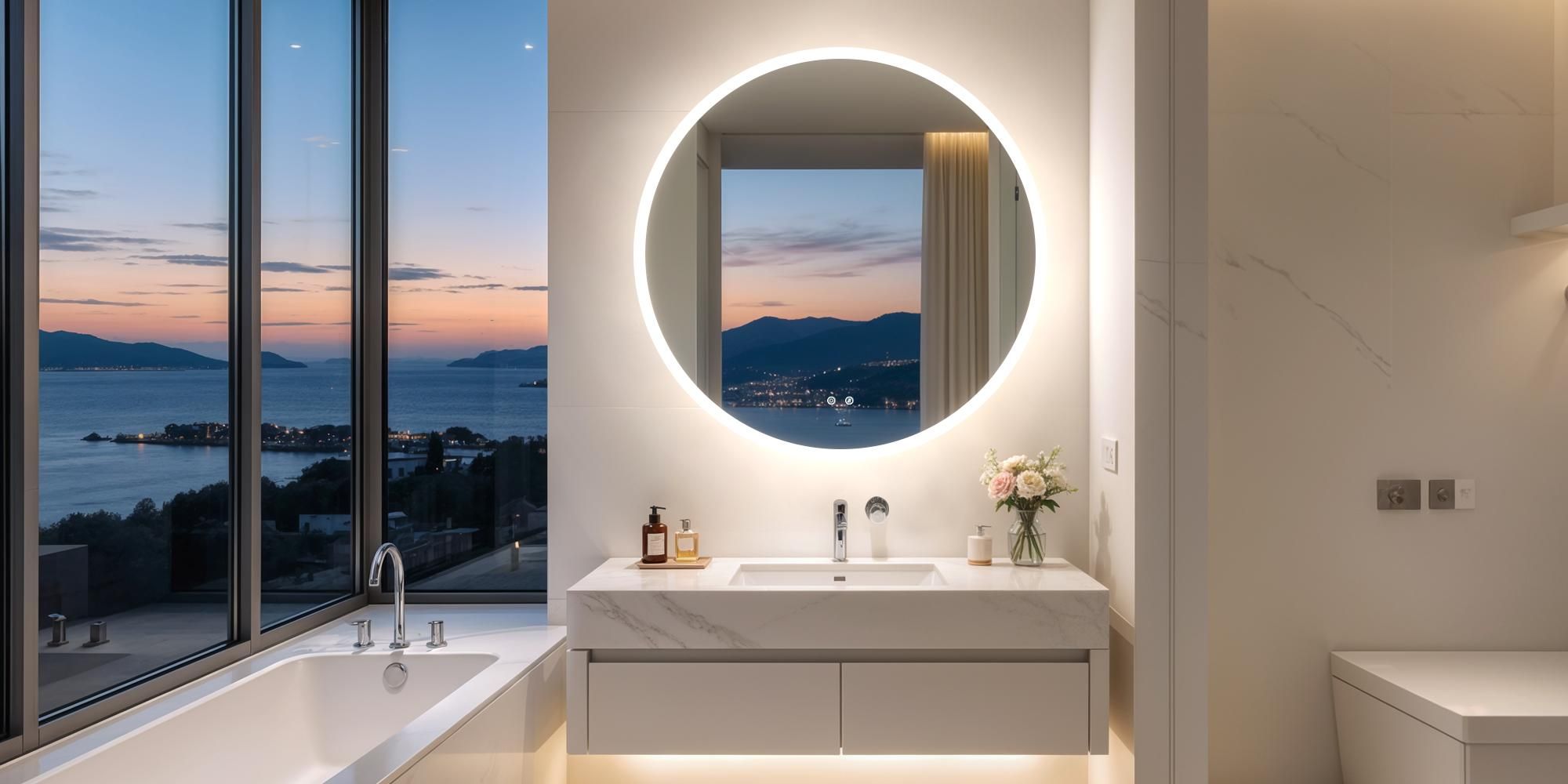 WISFOR Badspiegel mit Beleuchtung 90 cm, LED Badspiegel rund, Wandspiegel mit Speicherfunktion, Beschlagfrei, IP66, 3 Lichtfarben