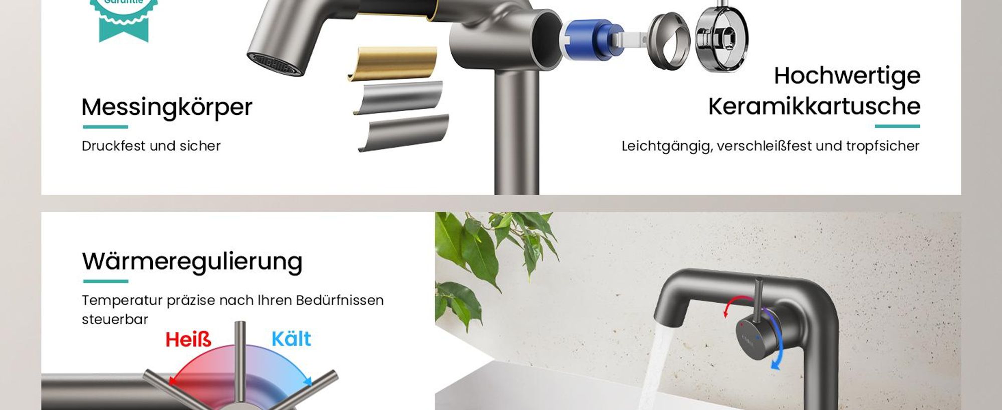 EMKE Einhebel-Waschtischarmatur, Badarmaturen 332x220x76mm , Wassersparend, Korrosionsschutz, Bleifreies Messing, Matt Anthrazit