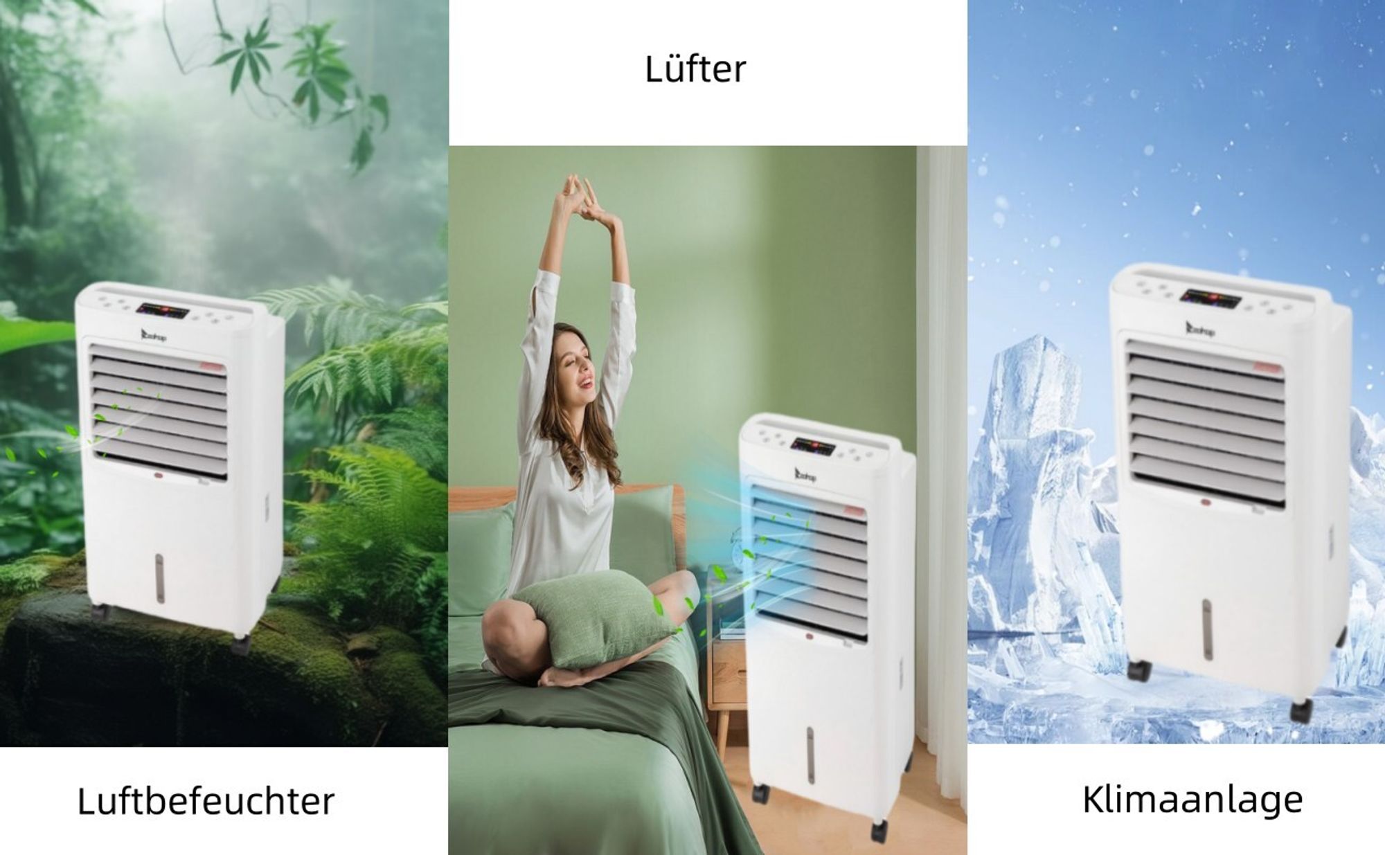 LEADZM Mobiles Klimagerät 4-in-1 Luftkühler, 75W,4 Eiskristalle, 8L Wassertank,Luftstrom:550 m³/h