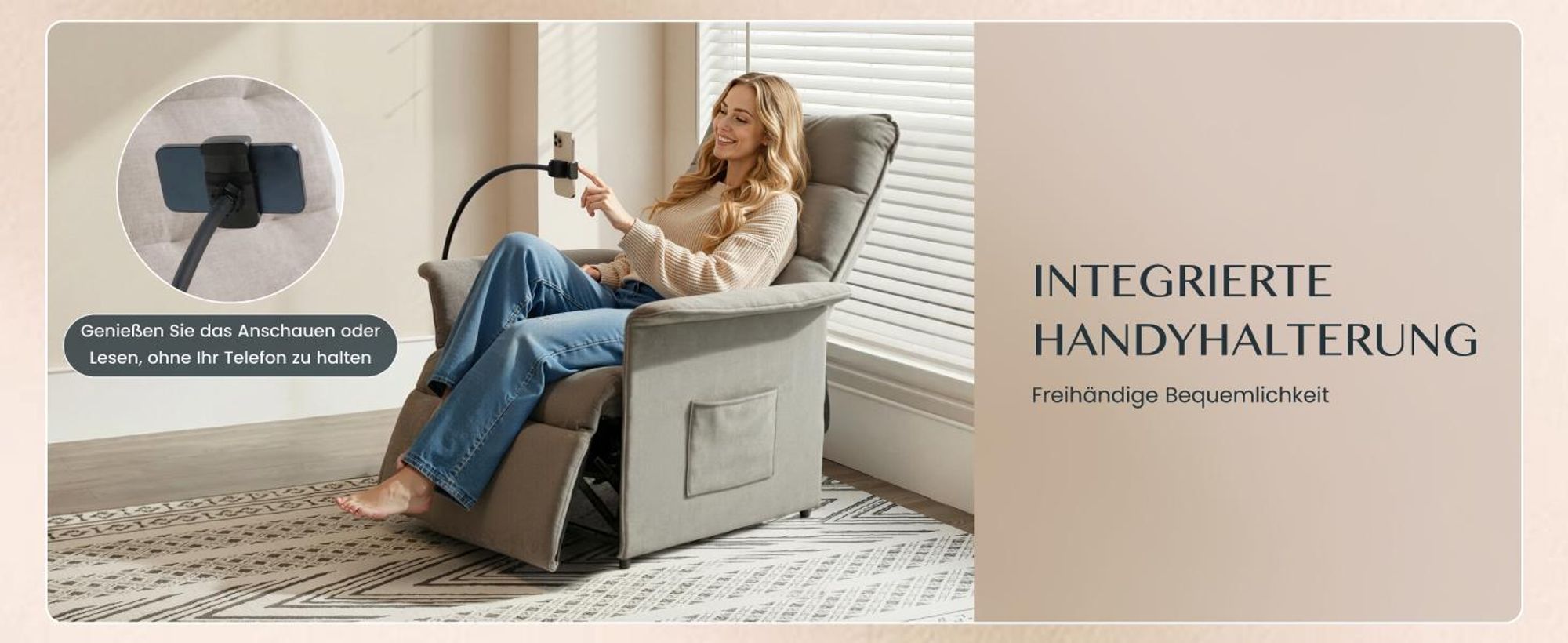 FLEXISPOT Elektrischer Relaxsessel mit Handyhalterung, ergonomischer Liegesessel mit Liegefunktion, Fernsehsessel bis 200kg belastbar, Lichtgrau